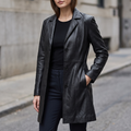 Nora Button Down Leather Trench Coat in Black
