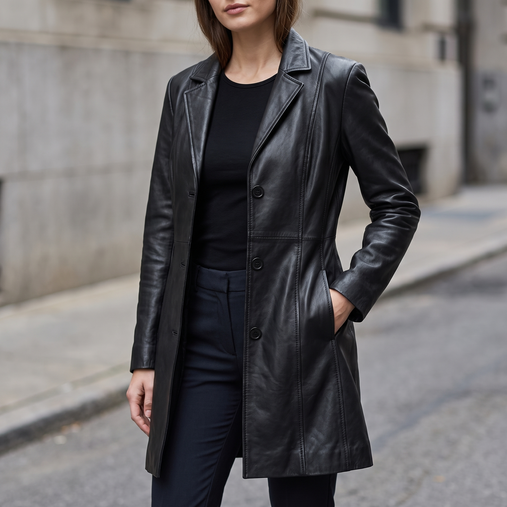 Nora Button Down Leather Trench Coat in Black