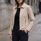 Monty Suede Shirt Collar Zip Jacket in Sand