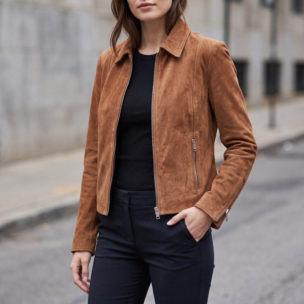 Monty Suede Shirt Collar Zip Jacket in Cognac