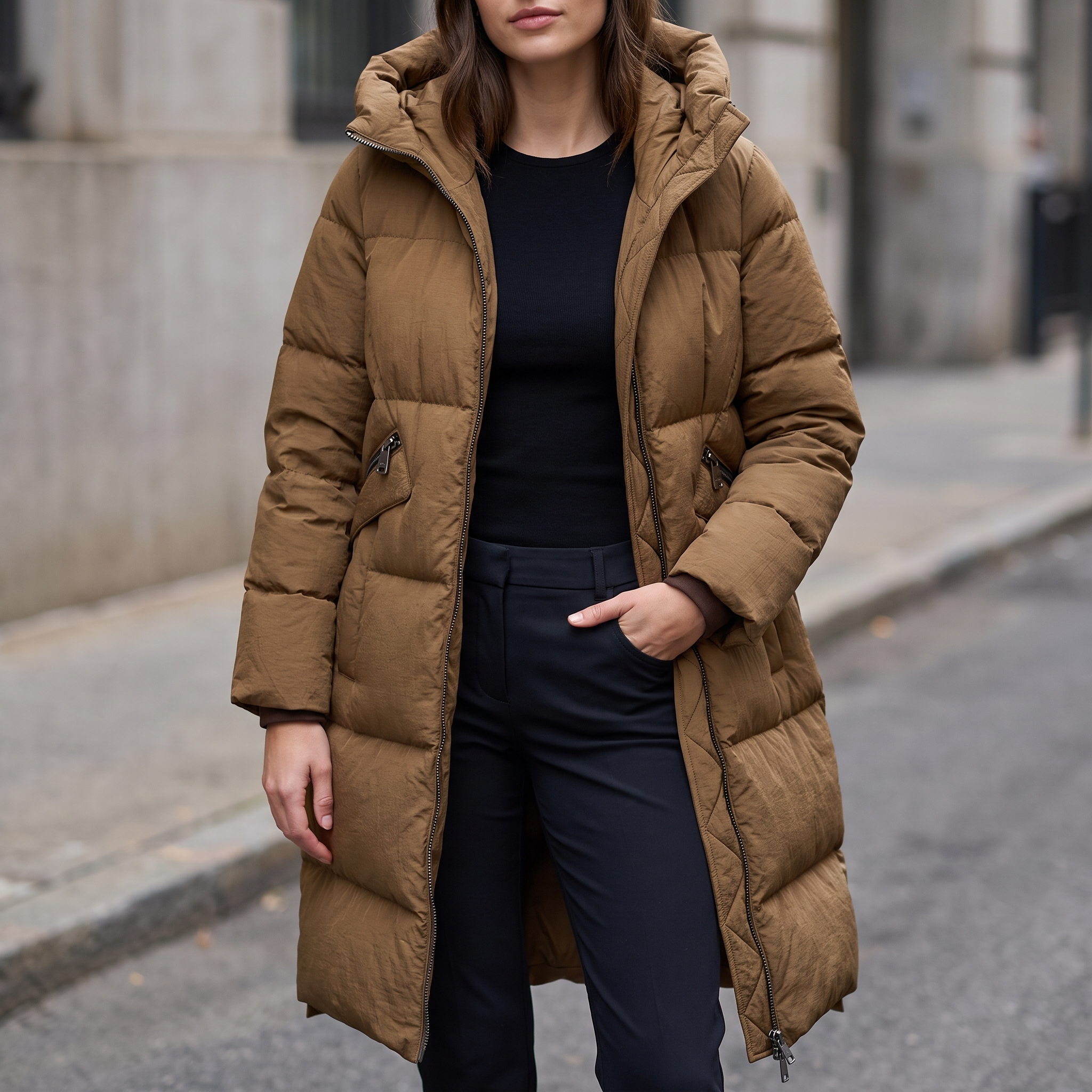 Palma Hooded Down Puffer Jacket in Sepia