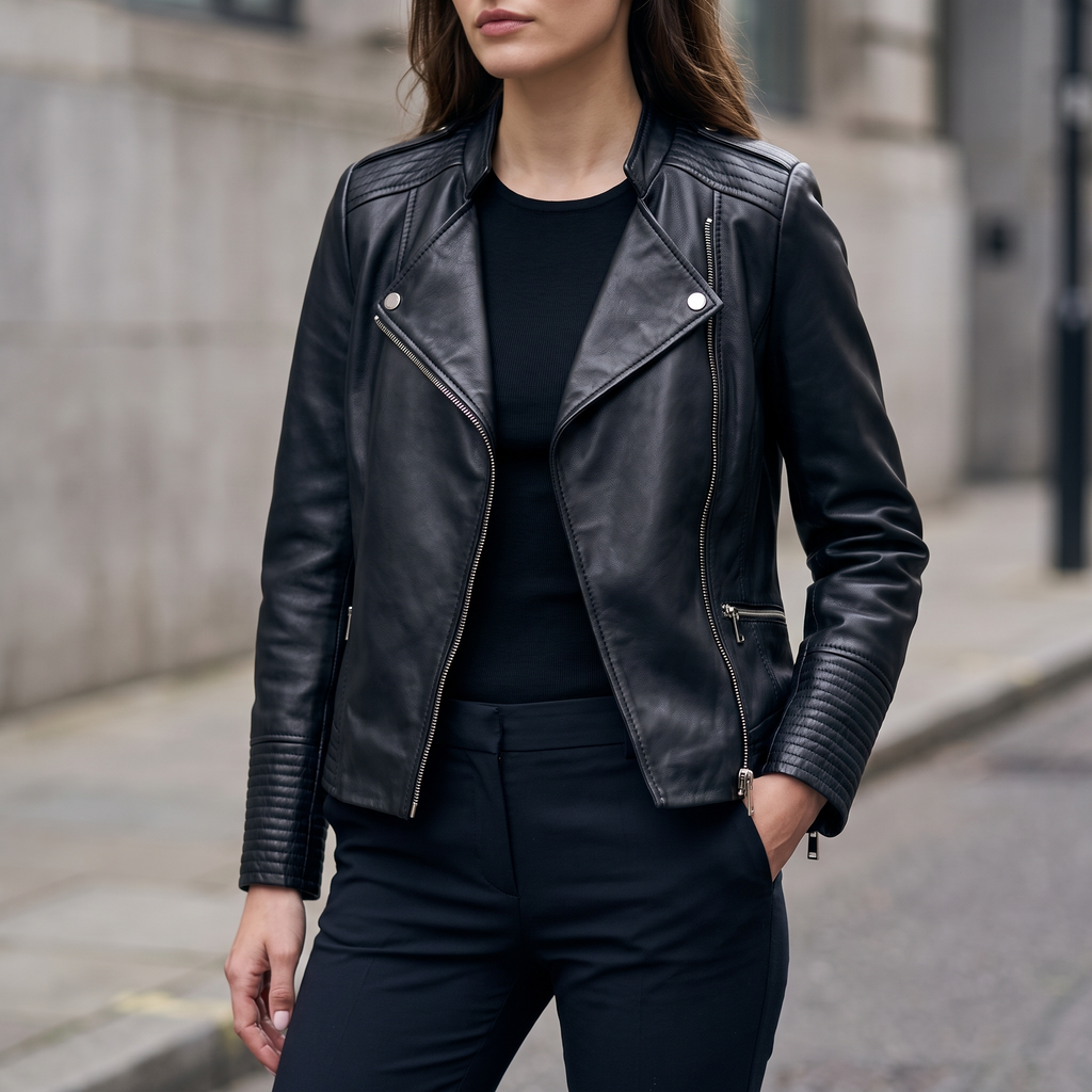 Monica Asymmetrical Leather Moto Jacket in Black