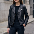 Monica Asymmetrical Leather Moto Jacket in Black
