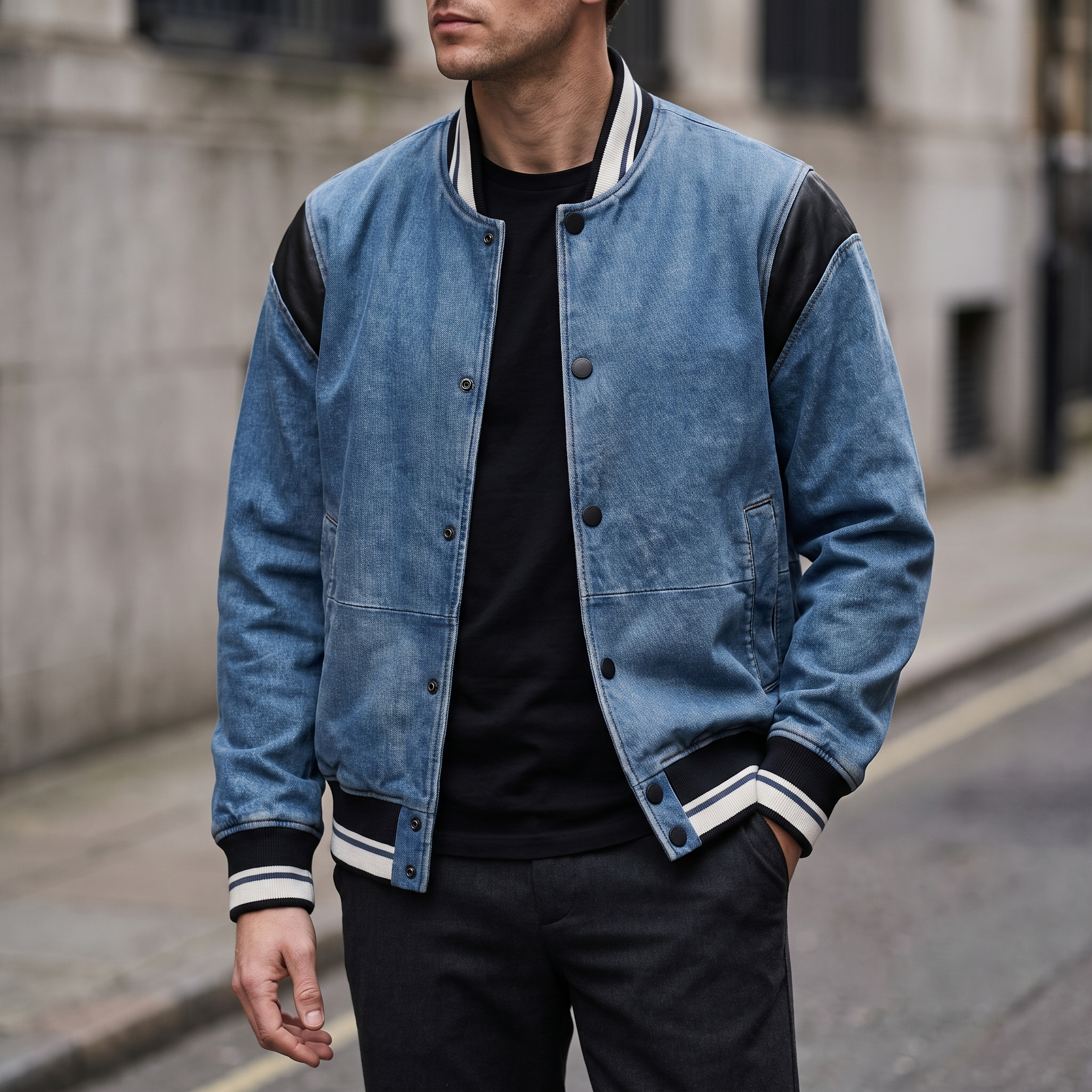 Simon Leather Denim Letterman Jacket in Blue Denim