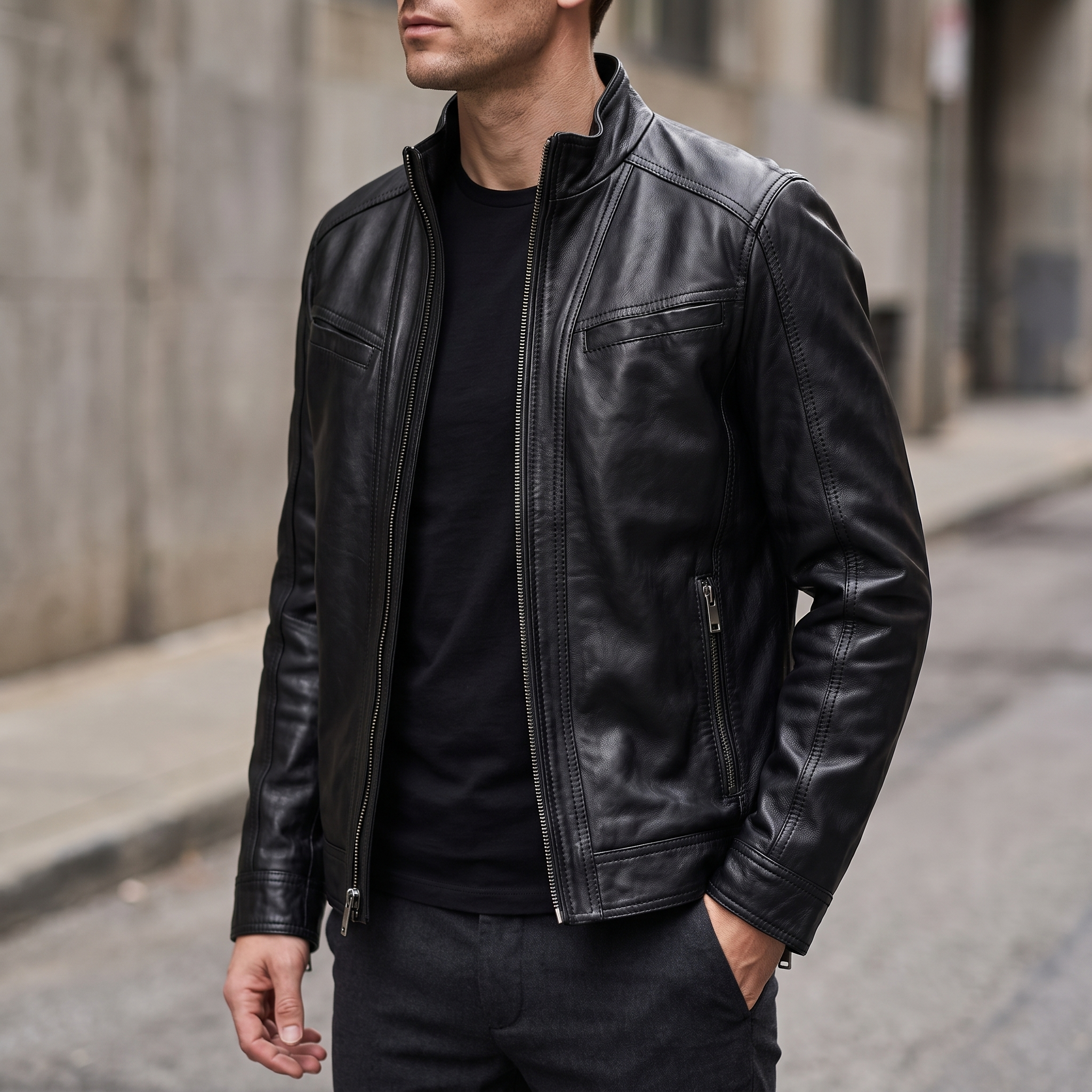 Sean Vintage Leather Racer Jacket in Black