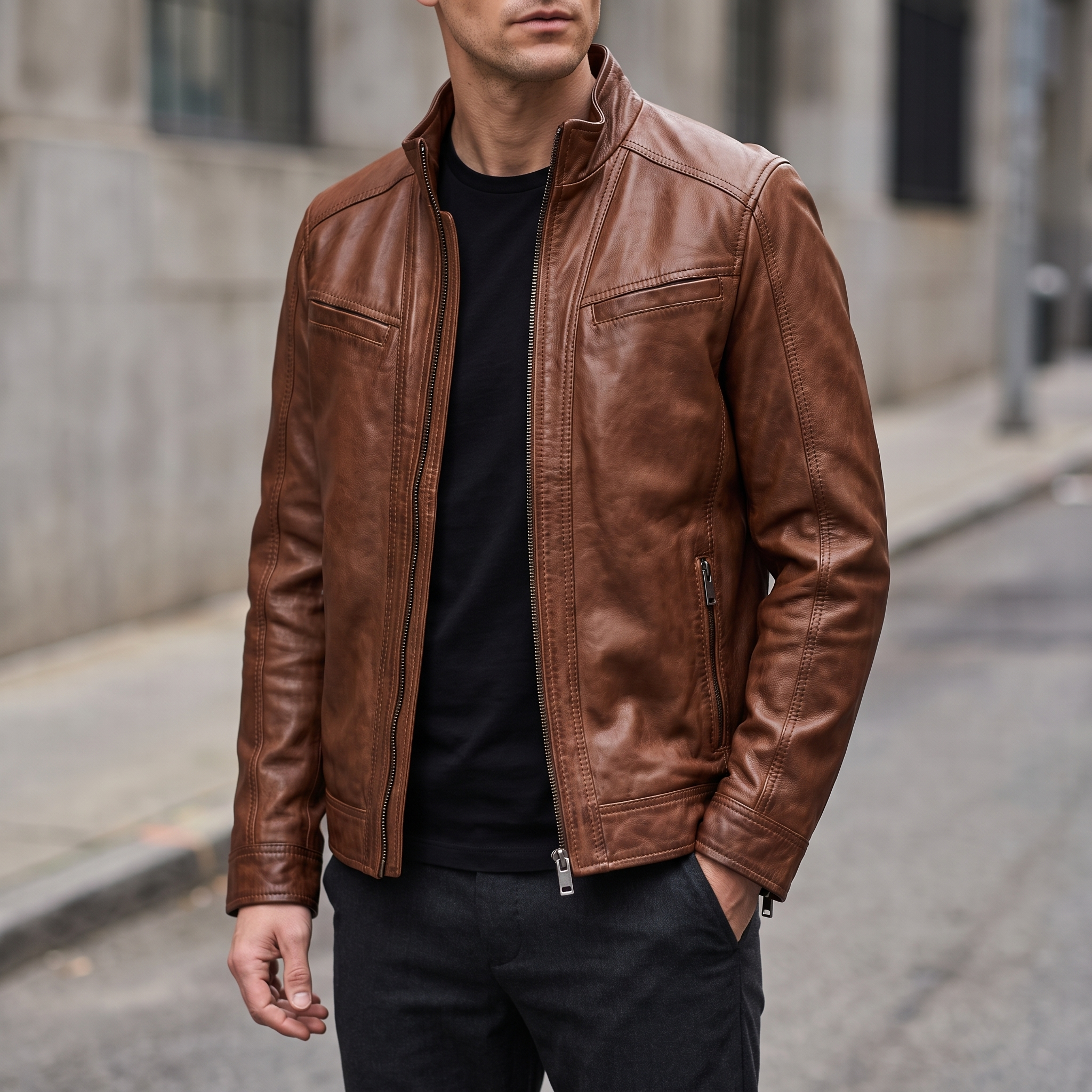 Sean Vintage Leather Racer Jacket in Brown