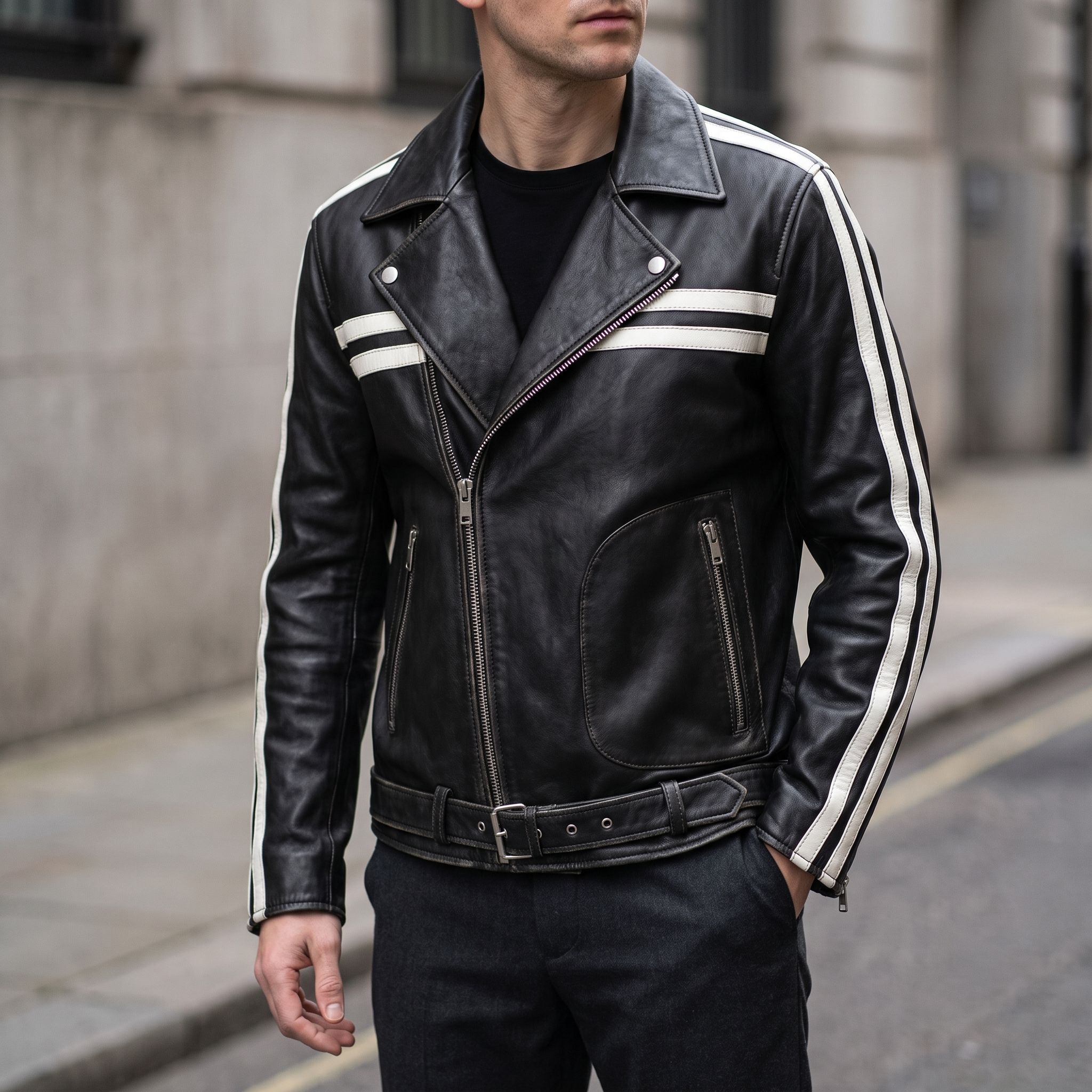 Rhodes Vintage Leather Moto Jacket in Black/White