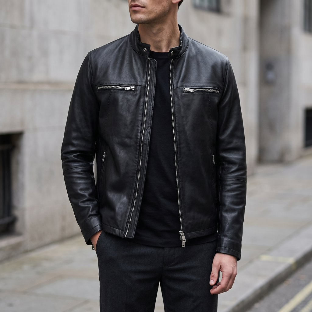 Quinton Lightweight Leather Racer Jacket in Black