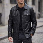 Wren Lightweight Leather Snap Shirt Jacket in Black