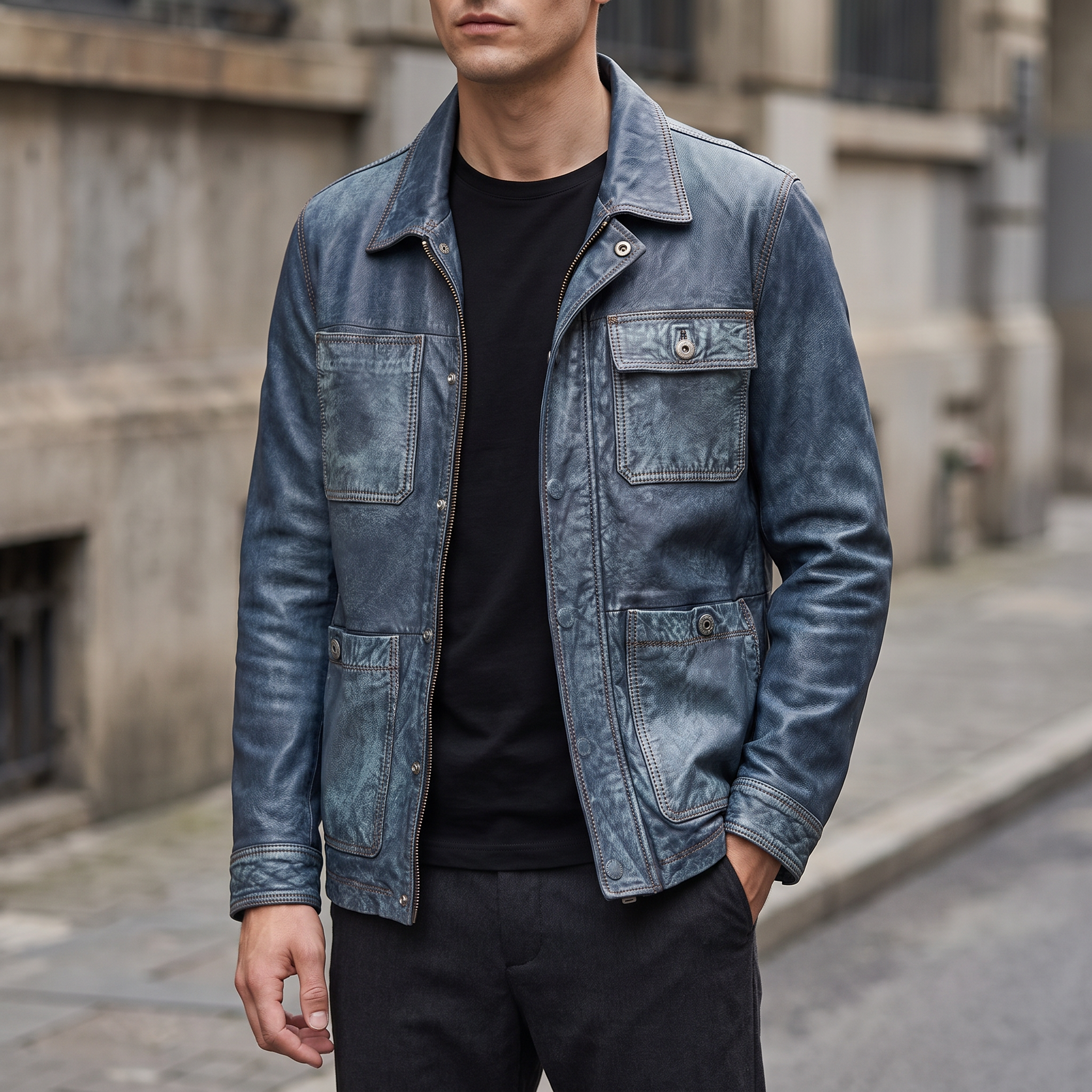 Wesley Leather Denim Chore Jacket in Medium Blue