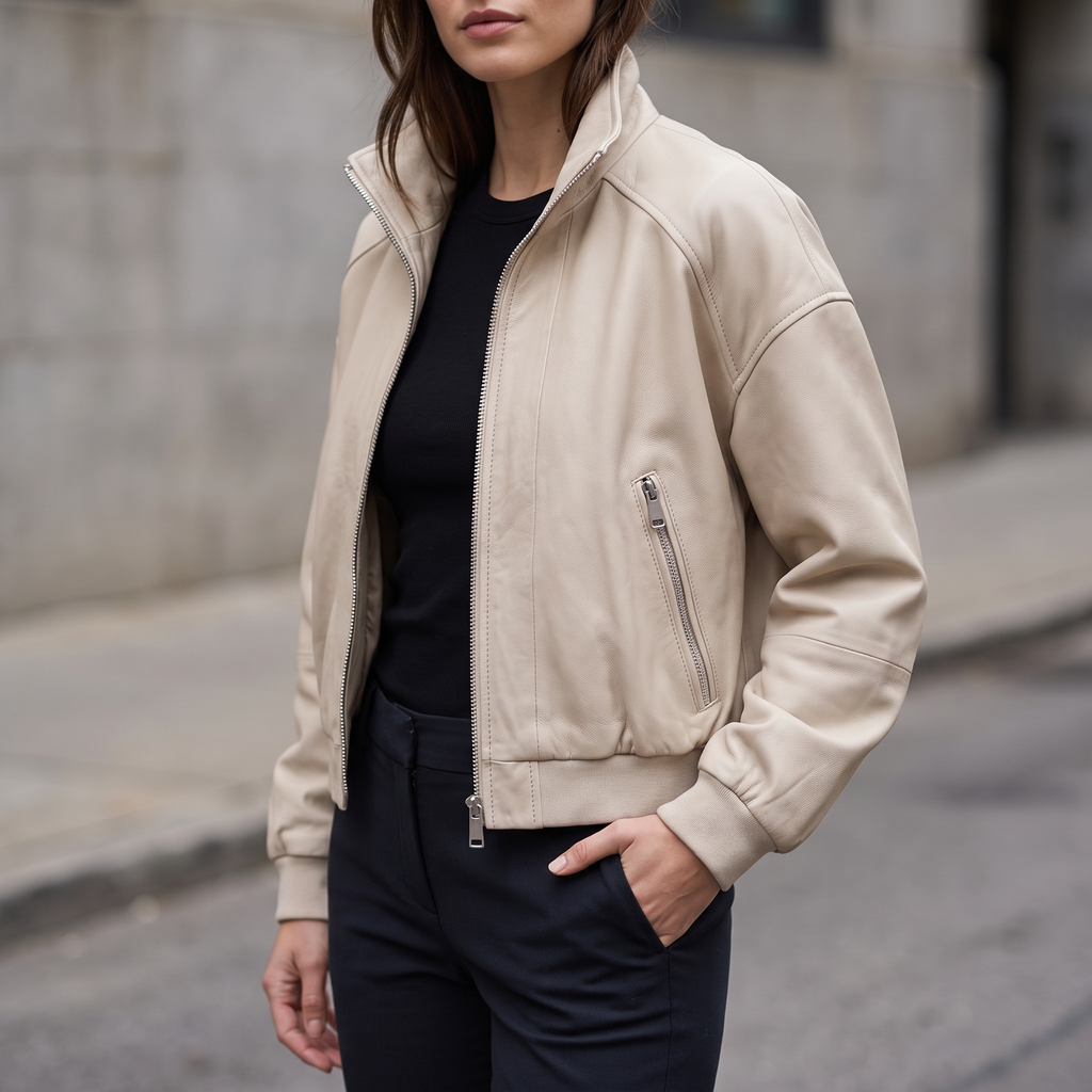Twila Cropped Leather Bomber Jacket in Cream