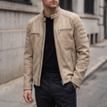 Roman Vintage Quilted Leather Racer Jacket in Beige