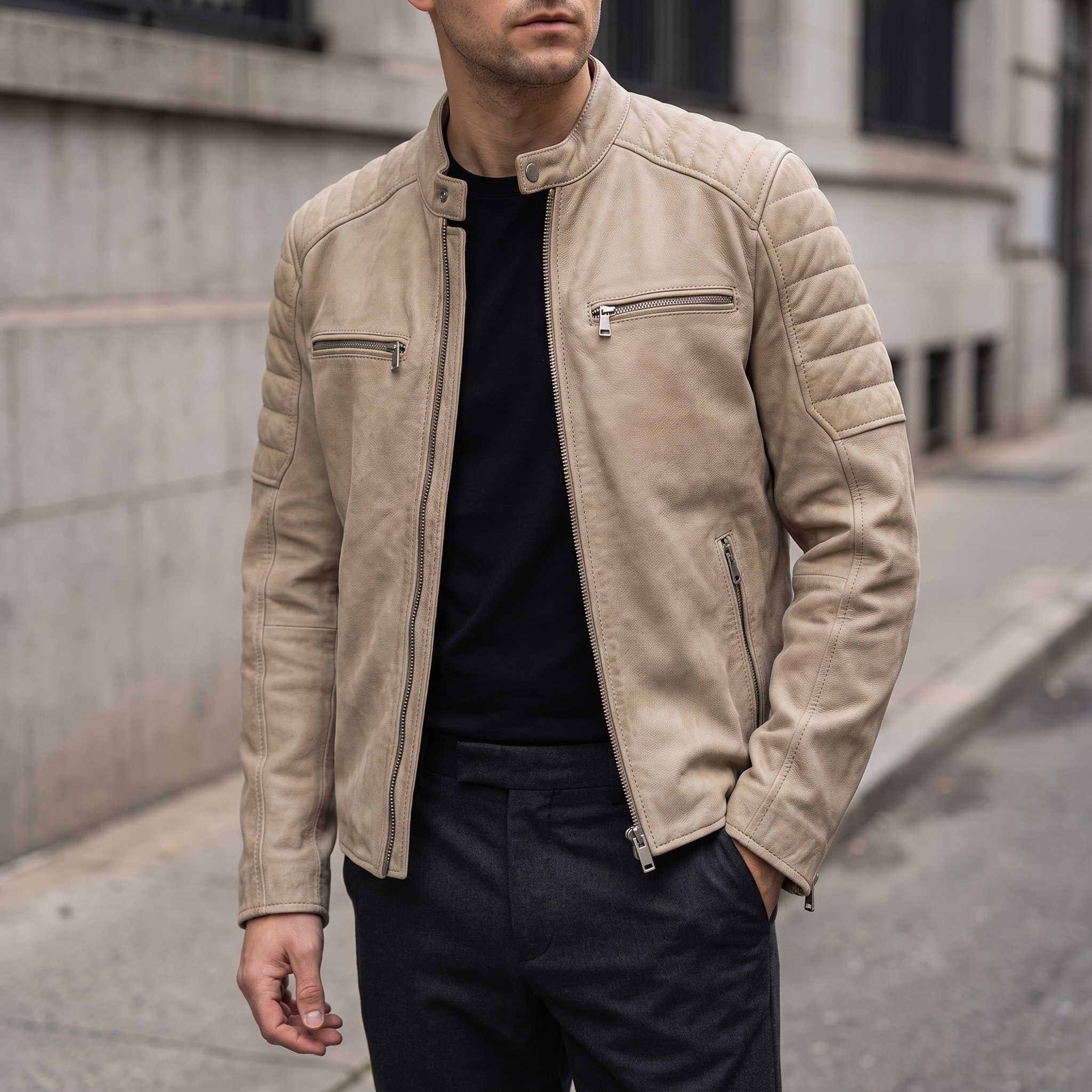 Roman Vintage Quilted Leather Racer Jacket in Beige