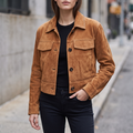 Vivianne Whipstitched Suede Trucker Jacket in Cognac