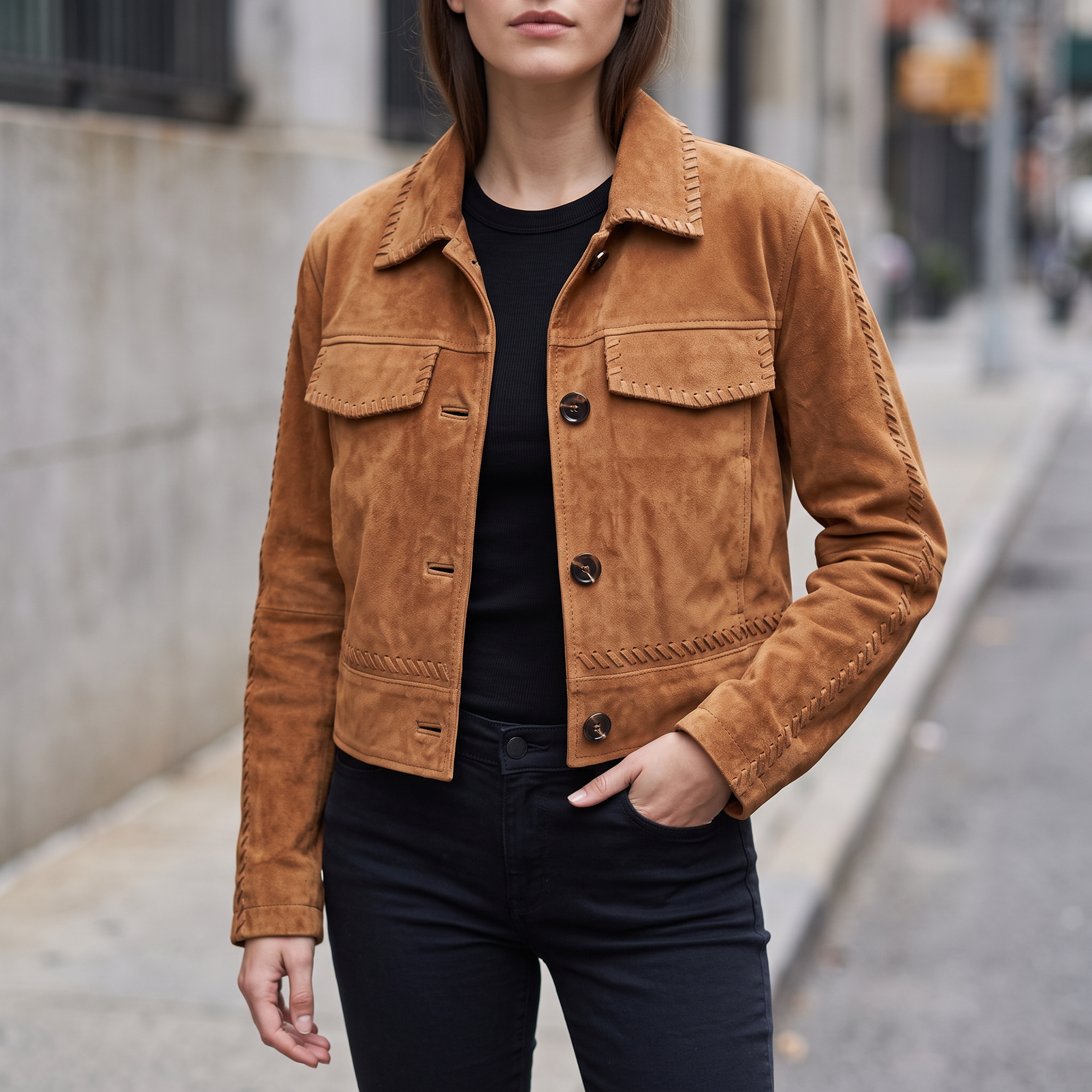 Vivianne Whipstitched Suede Trucker Jacket in Cognac