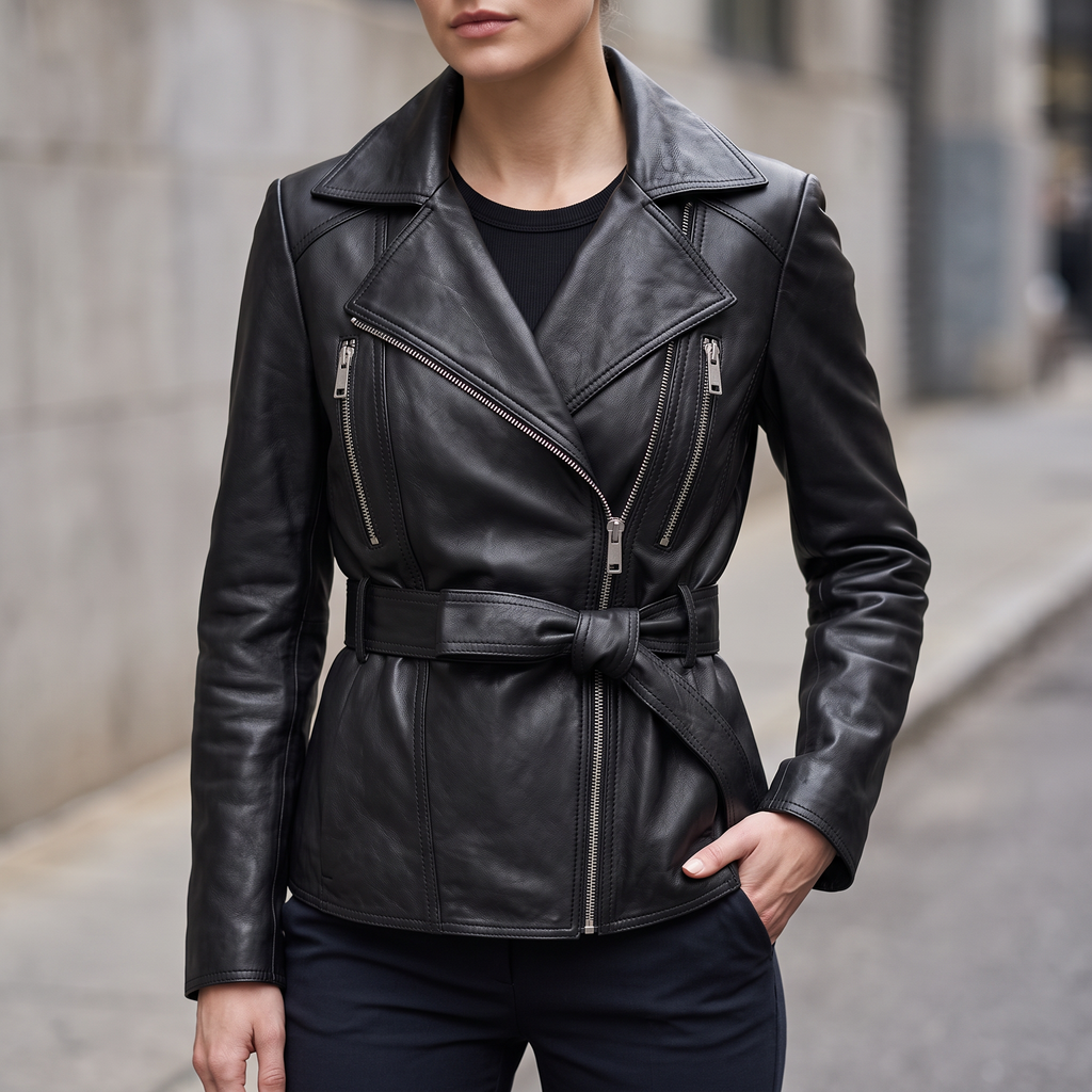 Violet Belted Leather Moto Jacket in Black