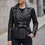 Violet Belted Leather Moto Jacket in Black