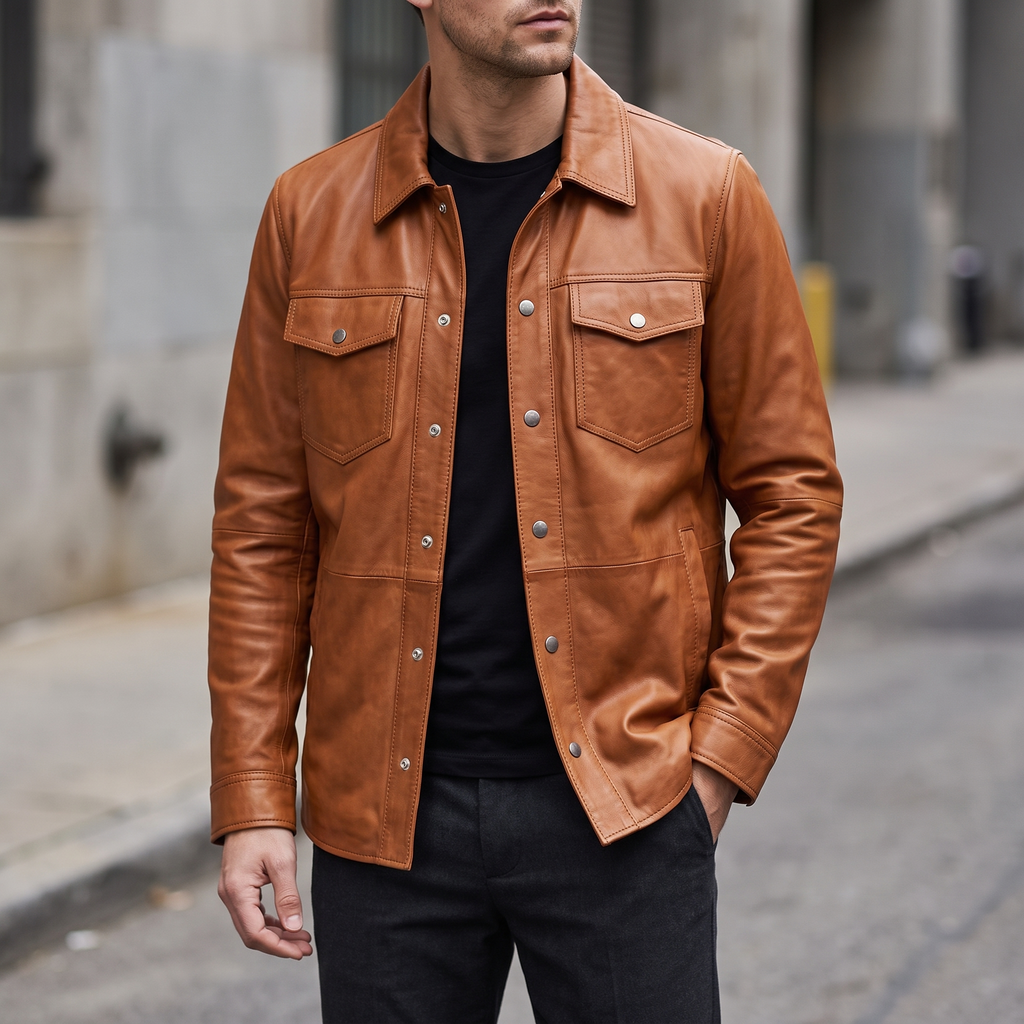 Wren Lightweight Leather Snap Shirt Jacket in Saddle