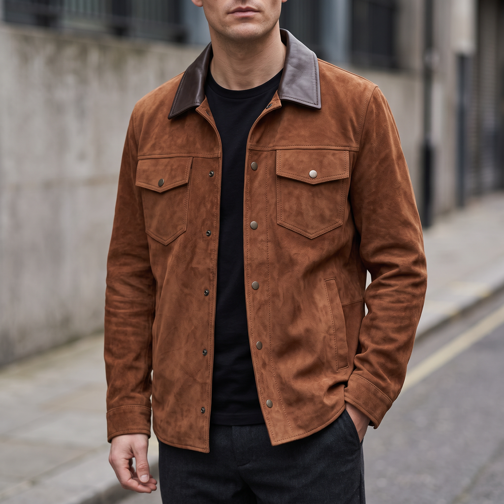 Zion Colour Block Suede Shirt Jacket in Brown