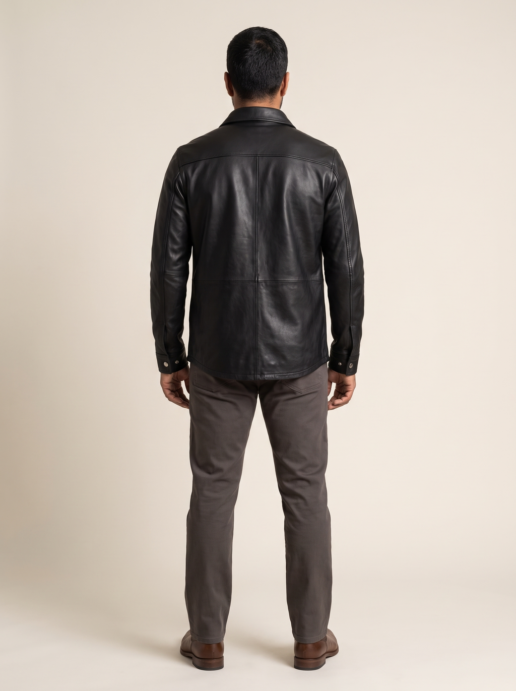 Wren Lightweight Leather Snap Shirt Jacket in Black, back view