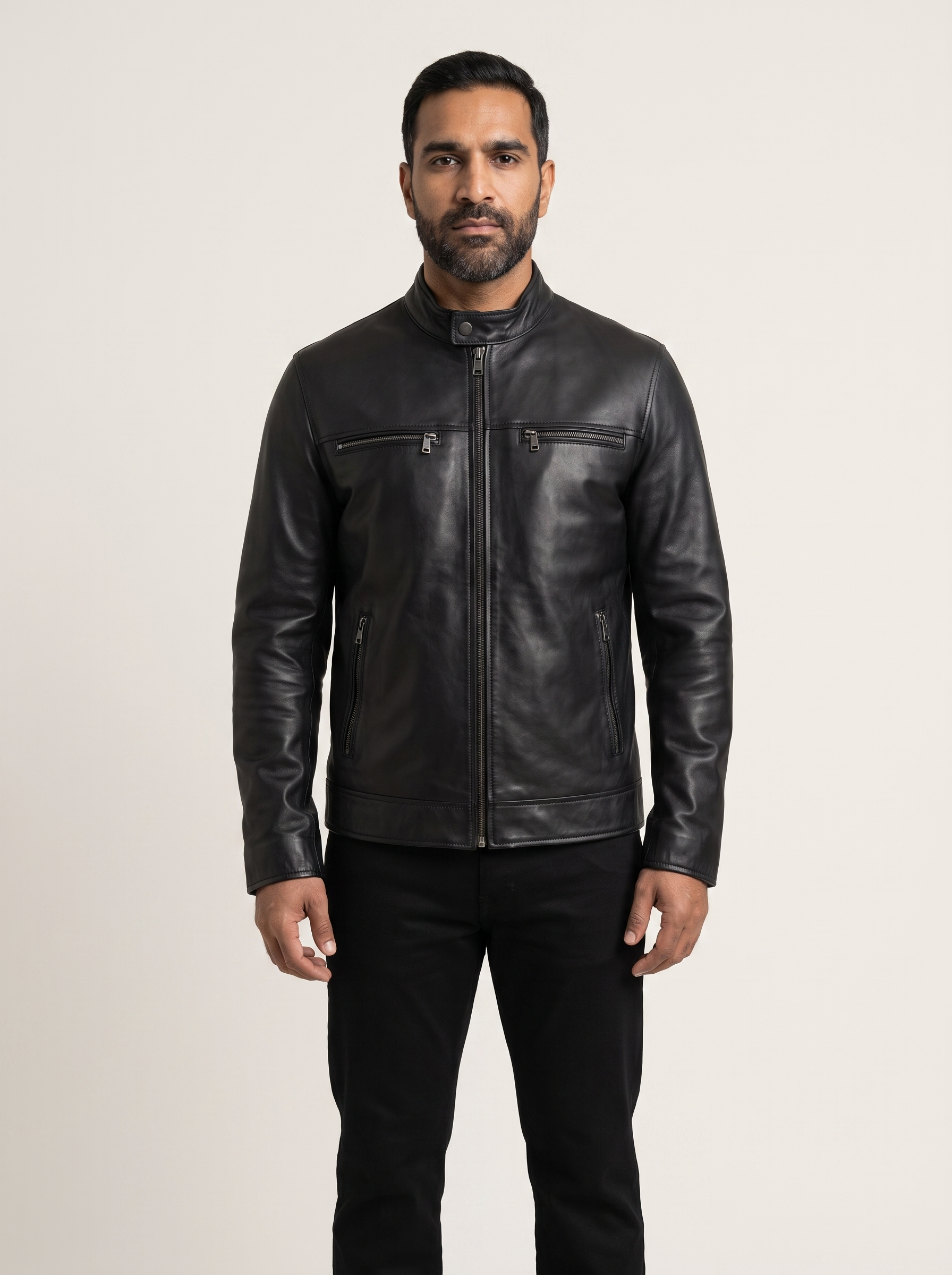 Quinton Lightweight Leather Racer Jacket in Black