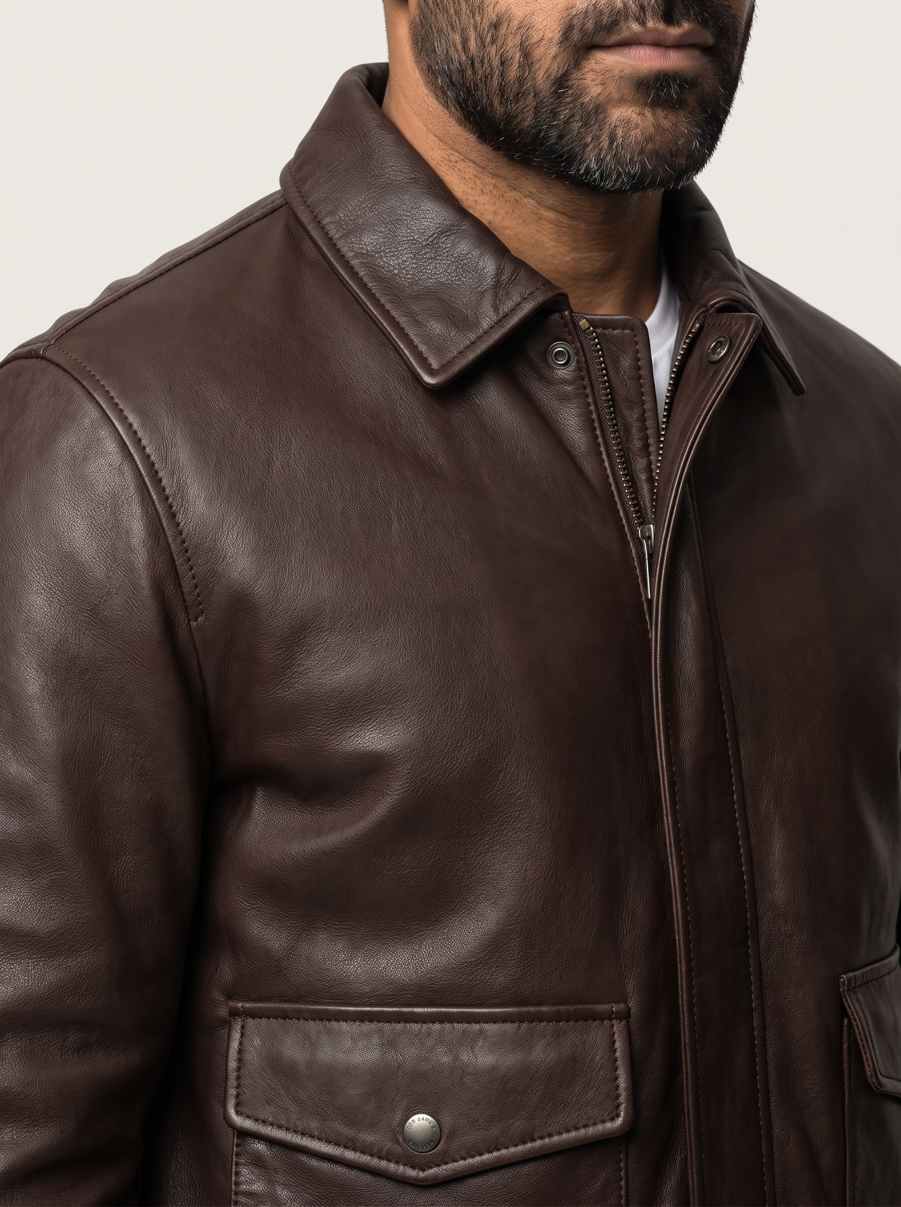 Chris Big & Tall Leather Bomber Jacket in Deep Brown, detail view