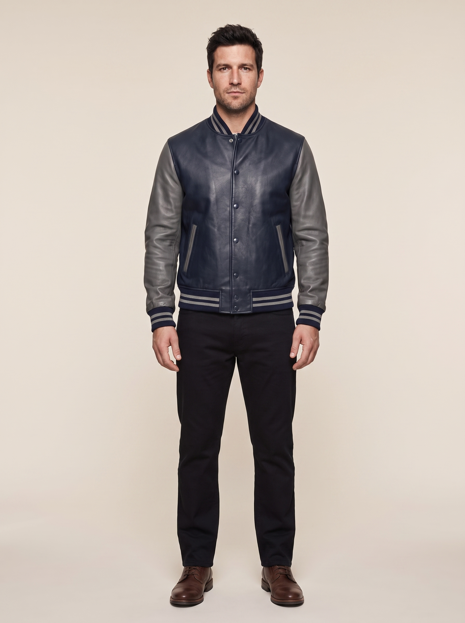 Bryson Leather Varsity Jacket in Navy/Grey