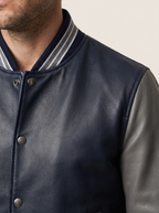 Bryson Leather Varsity Jacket in Navy/Grey, detail view