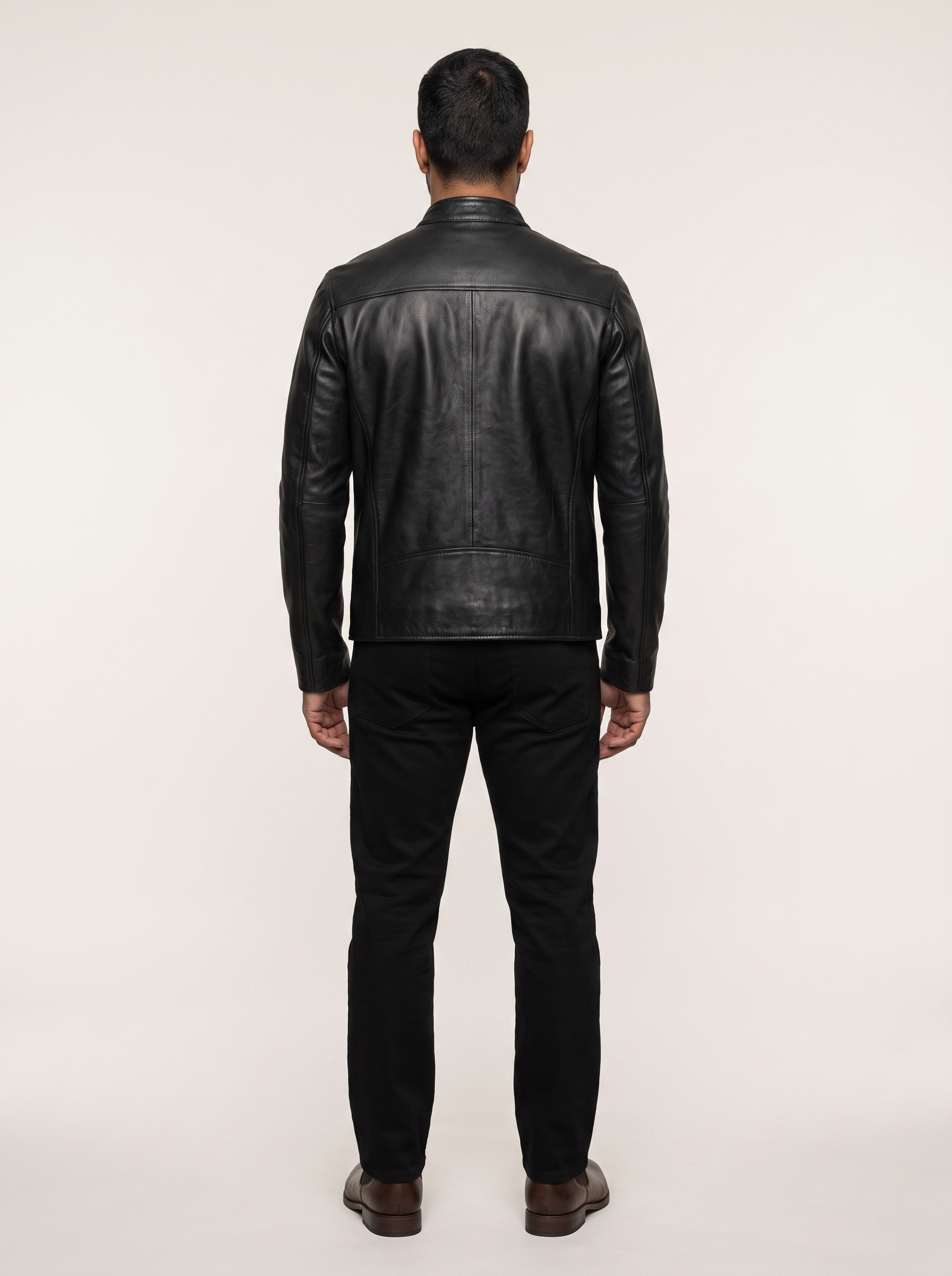 Classic Leather Racer Jacket in Black, back view