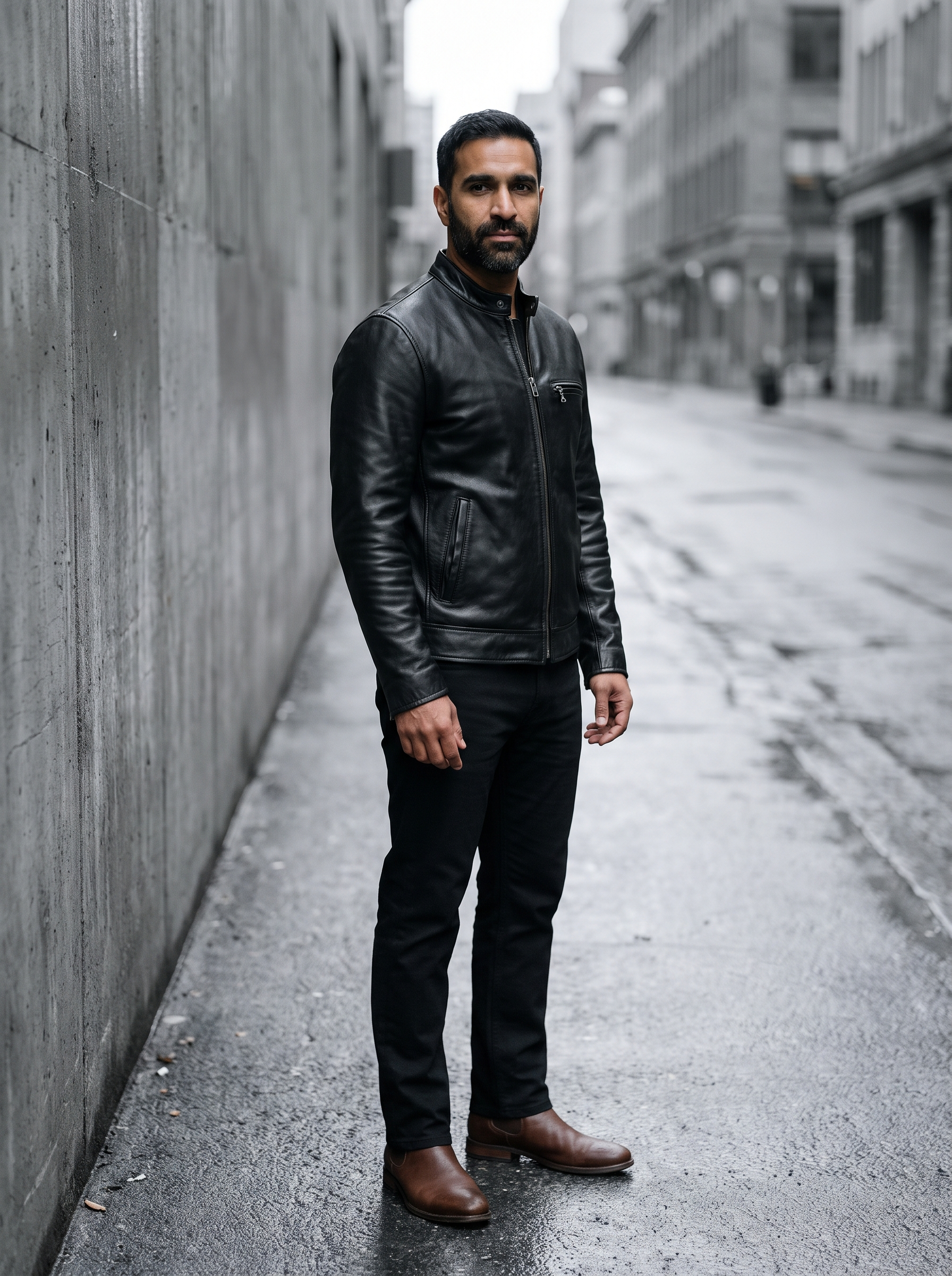 Classic Leather Racer Jacket in Black, street view