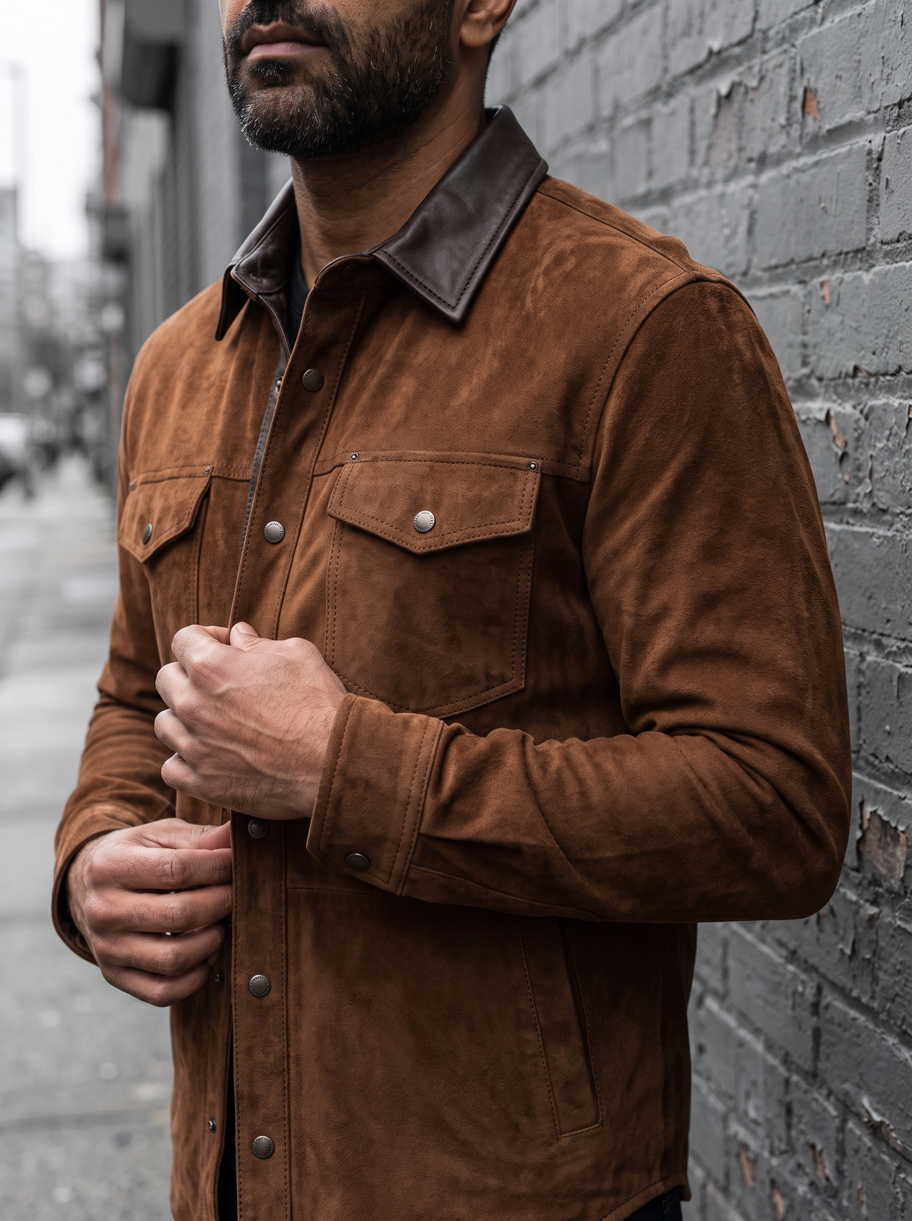 Zion Colour Block Suede Shirt Jacket in Brown, street crop view