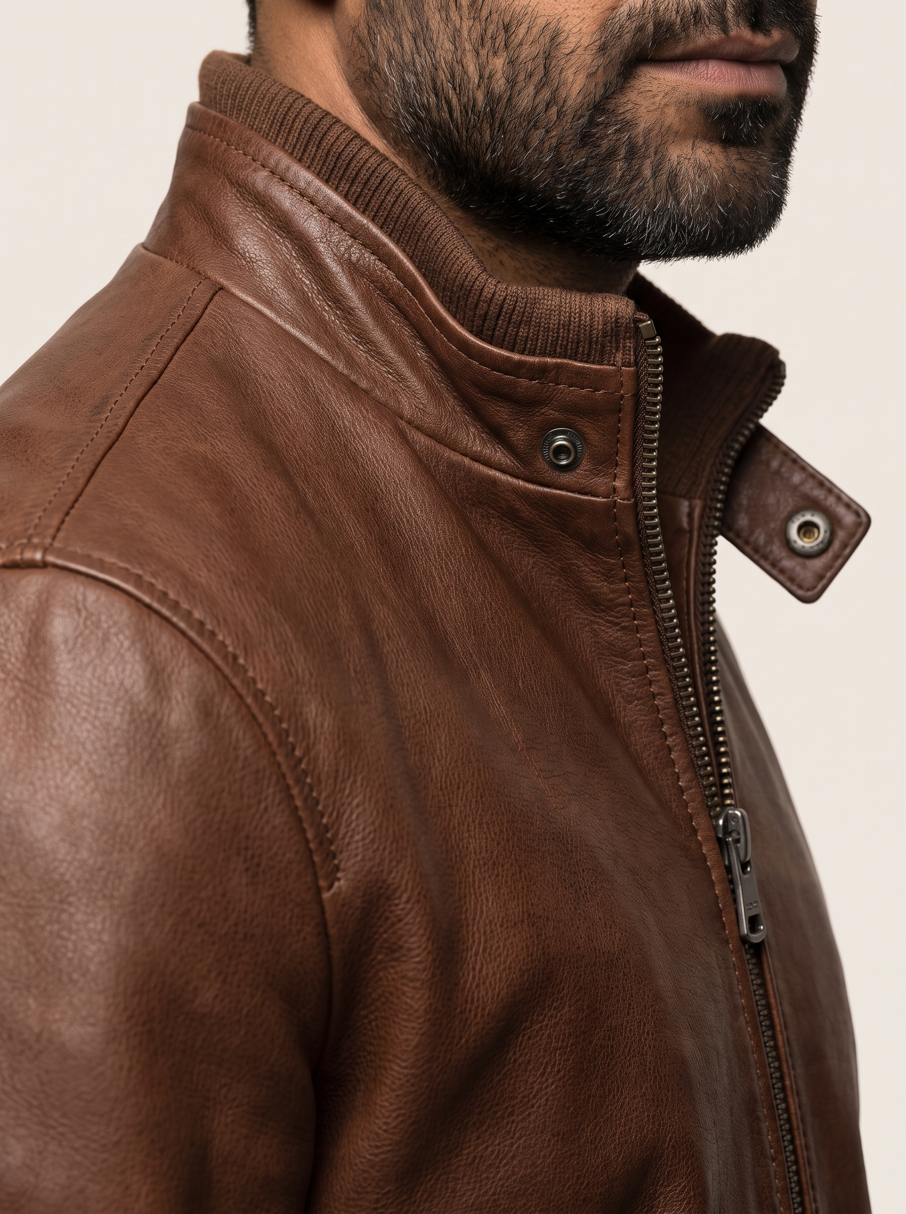 Jett Leather Jacket with Removable Hood in Brown, detail view