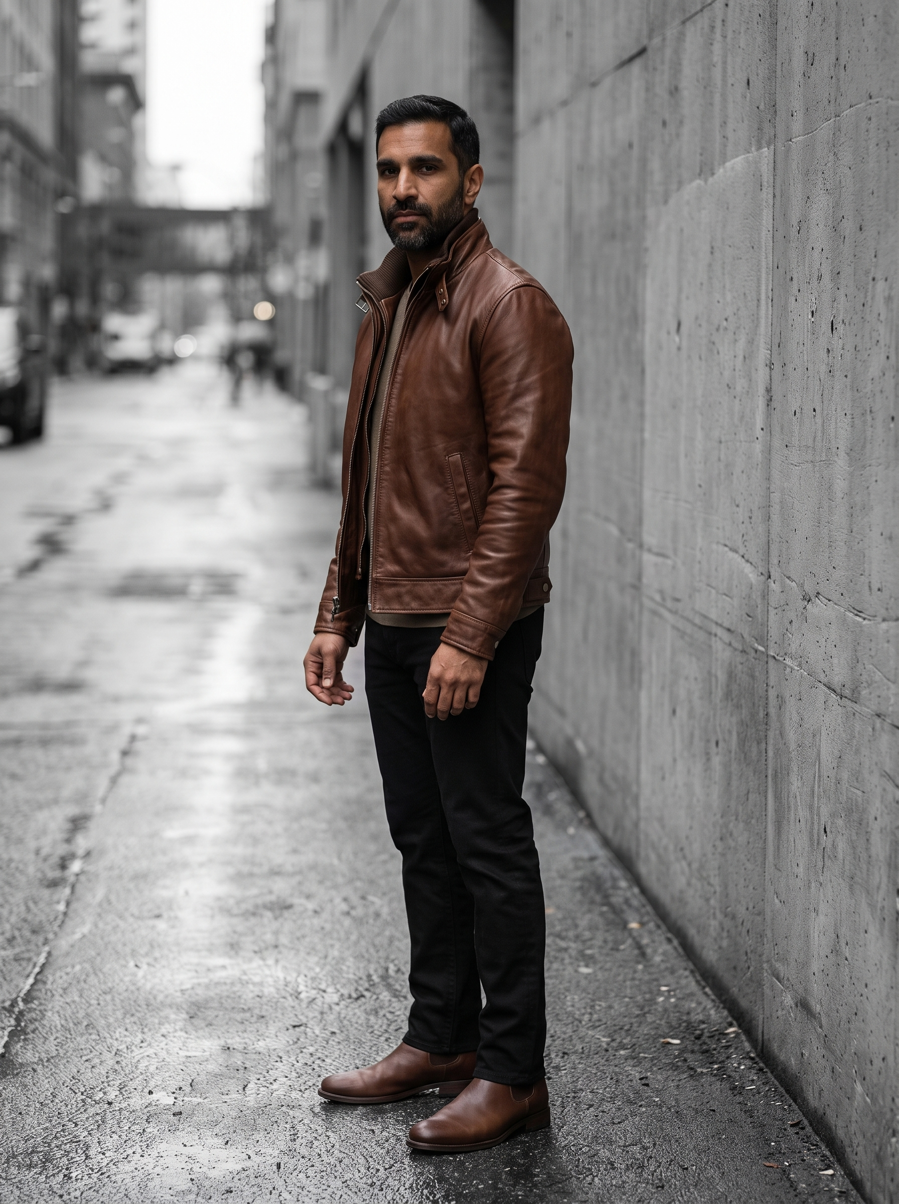 Jett Leather Jacket with Removable Hood in Brown, street view