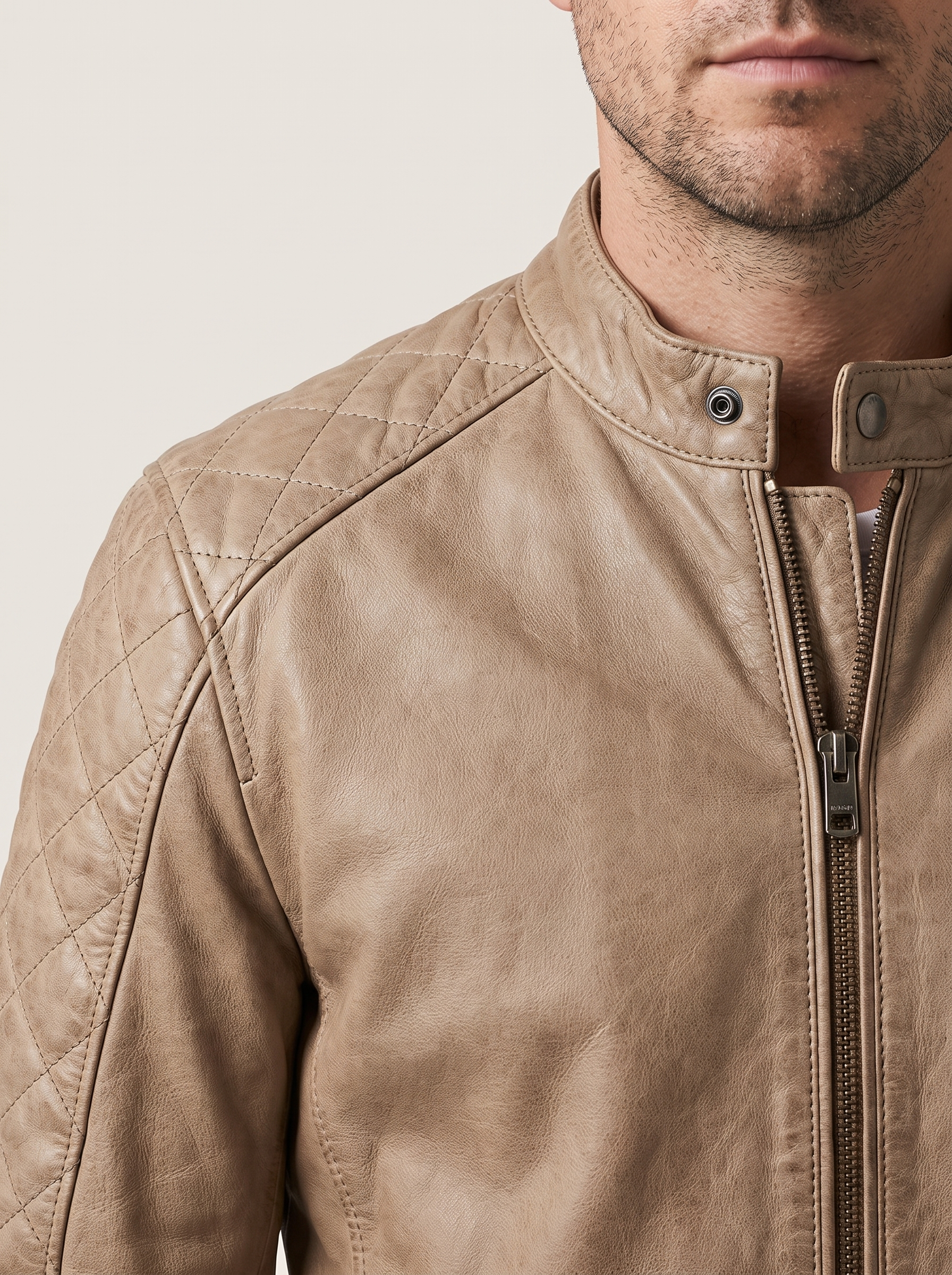 Roman Vintage Quilted Leather Racer Jacket in Beige, detail view