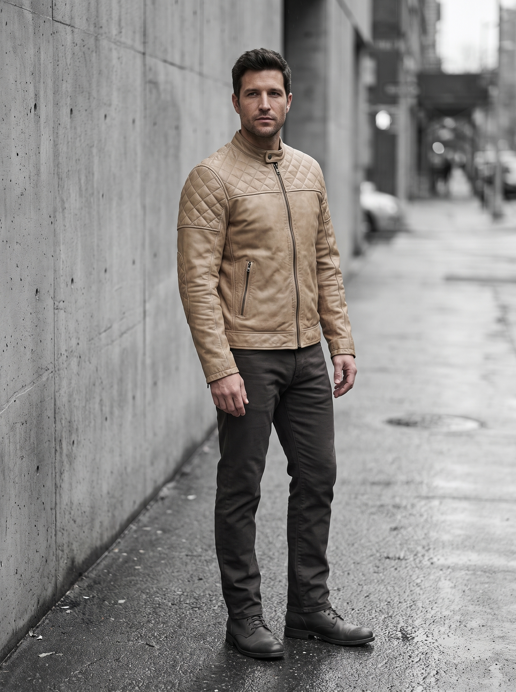 Roman Vintage Quilted Leather Racer Jacket in Beige, street view