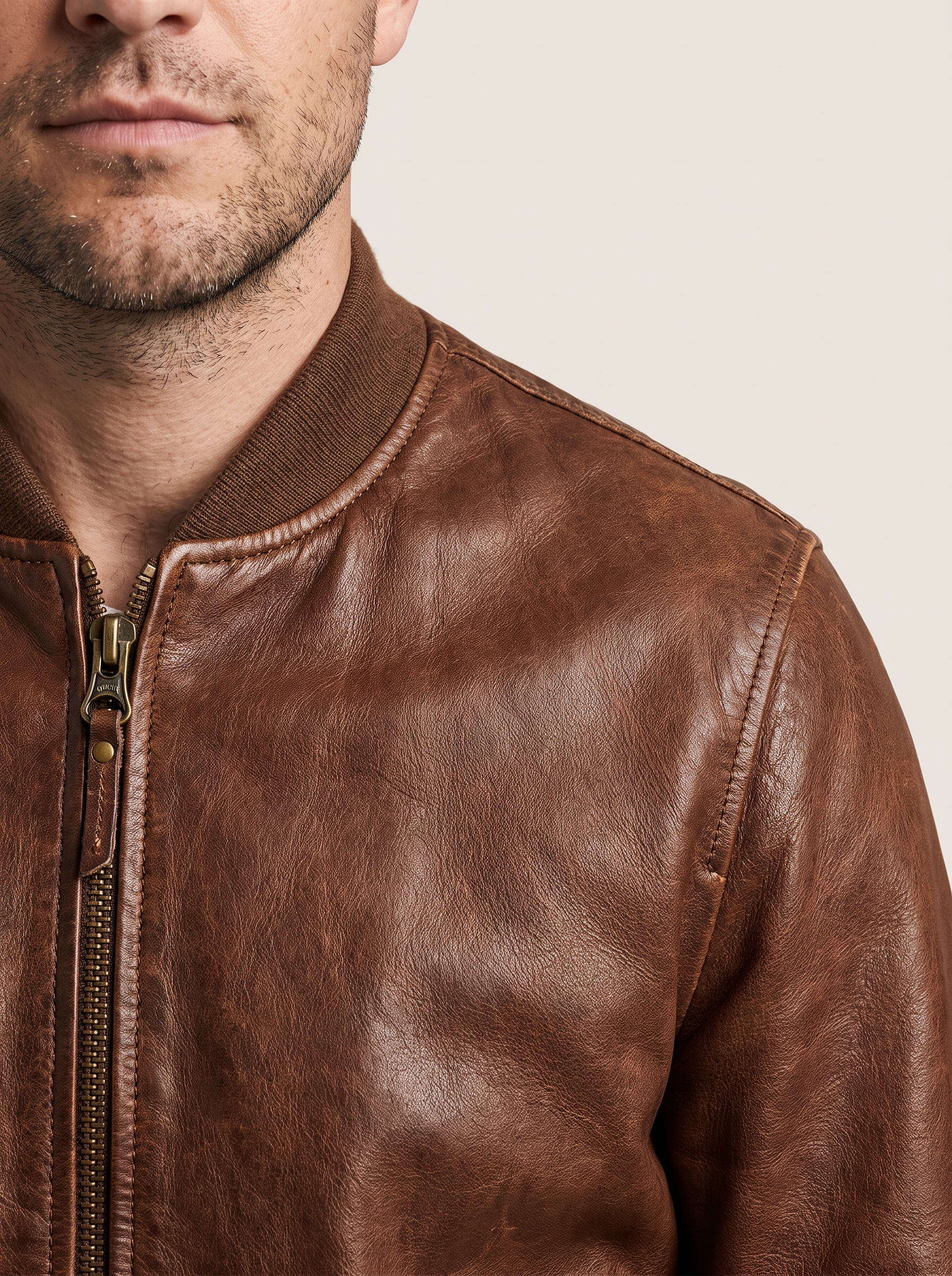 Damian Vintage Bomber in Brown, detail view