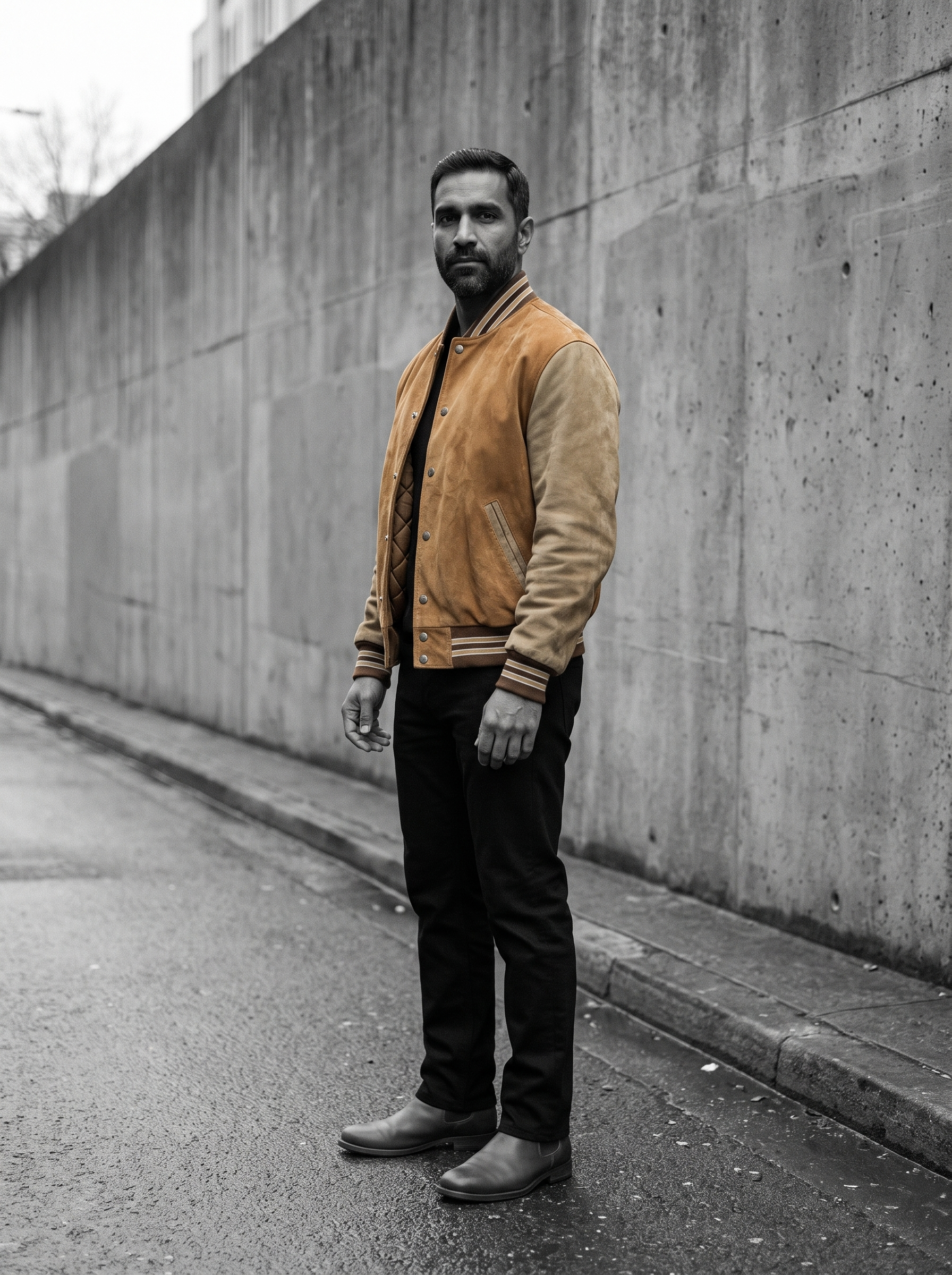 Micah Vintage Suede Varsity Jacket in Camel, street view