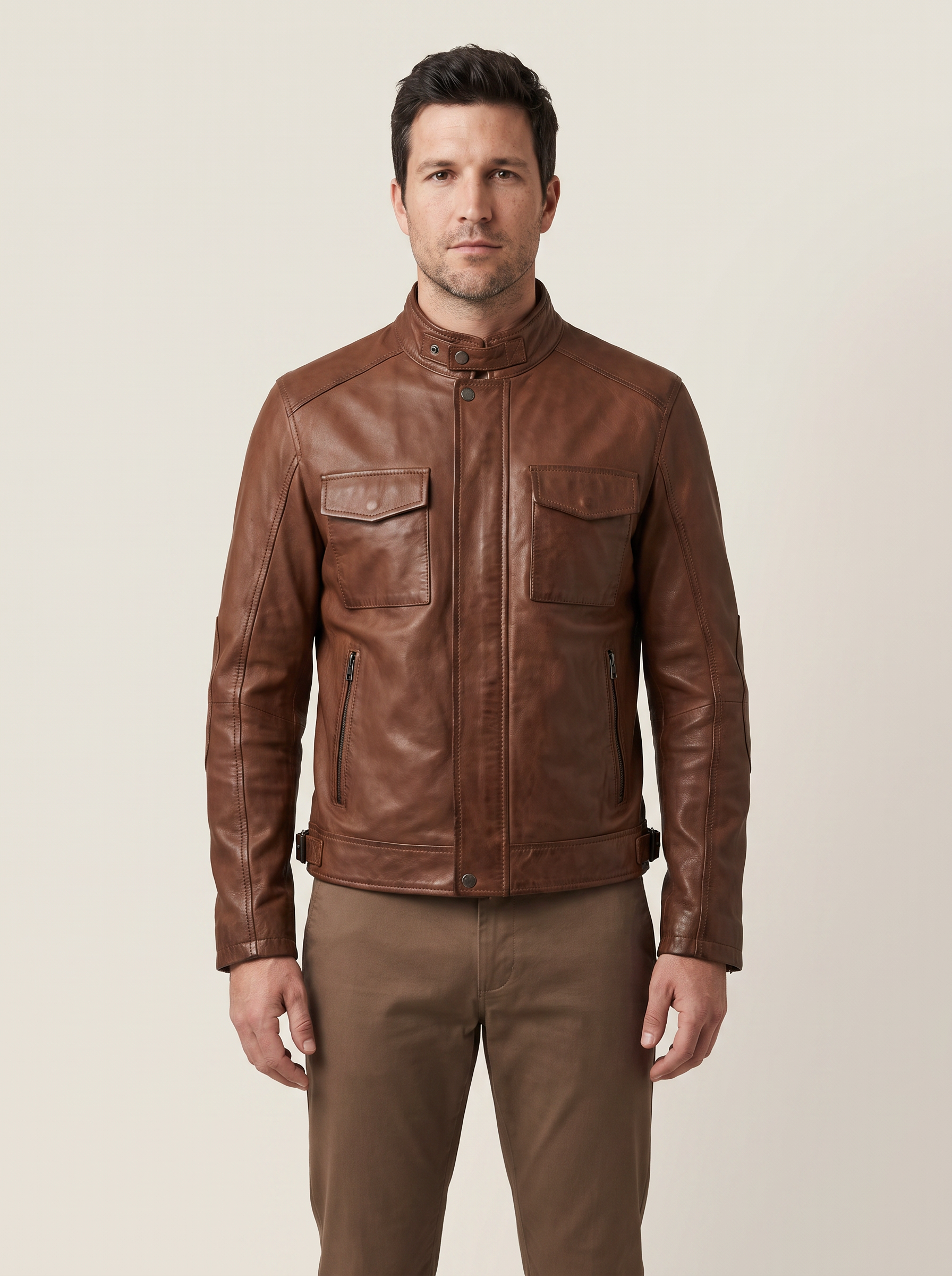 Dallas Vintage Color Block Moto Jacket in Brown