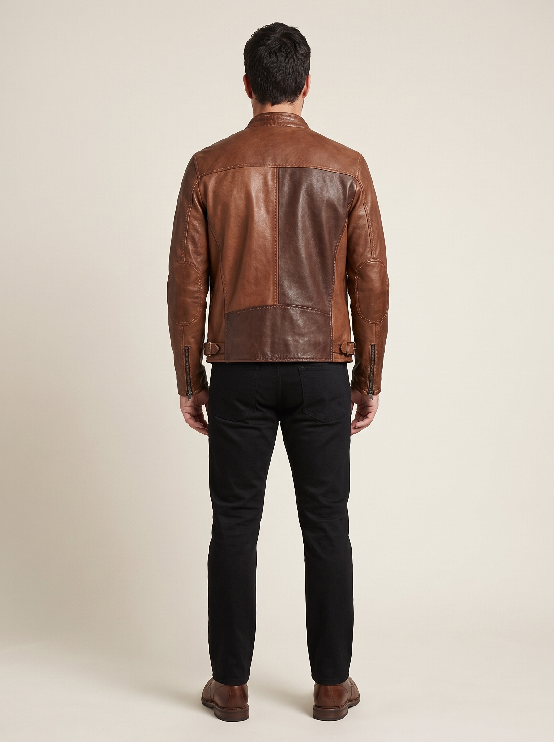 Dallas Vintage Color Block Moto Jacket in Brown, back view