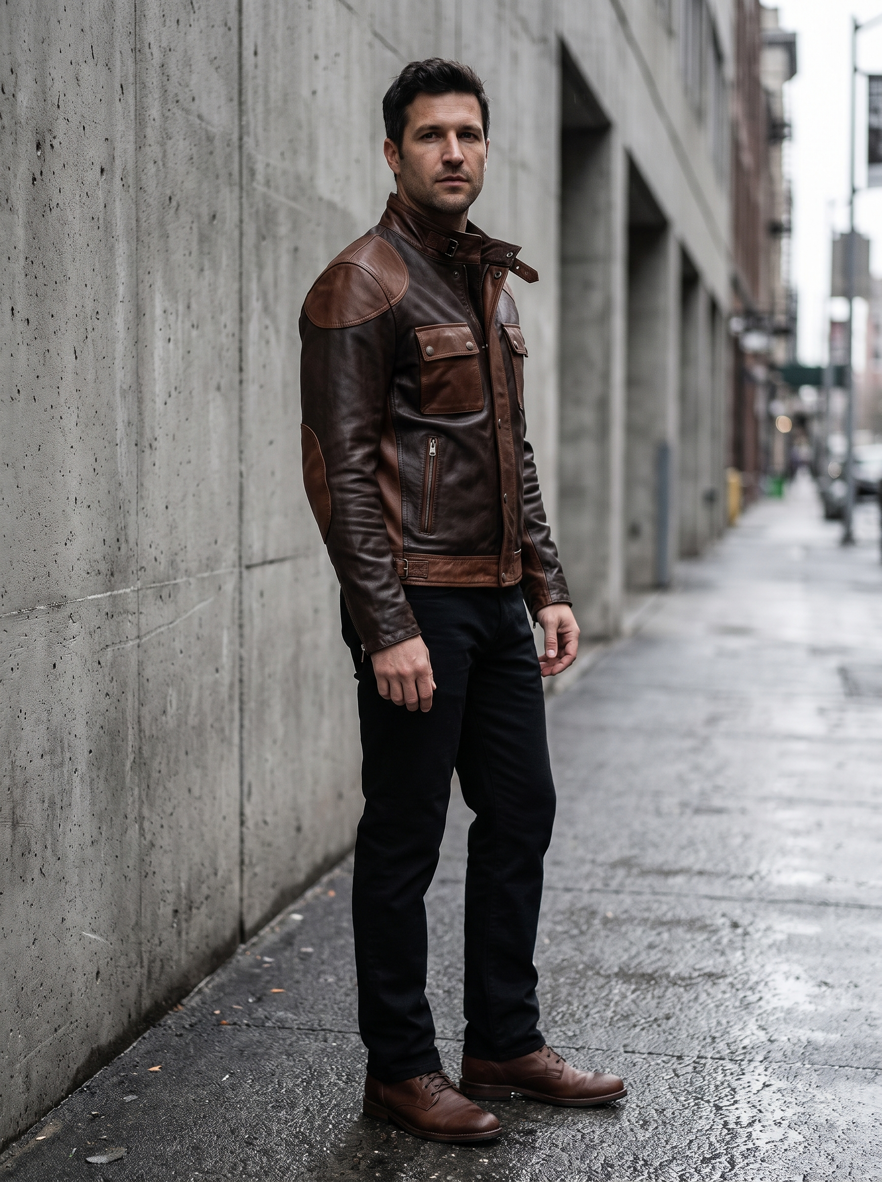 Dallas Vintage Color Block Moto Jacket in Brown, street view