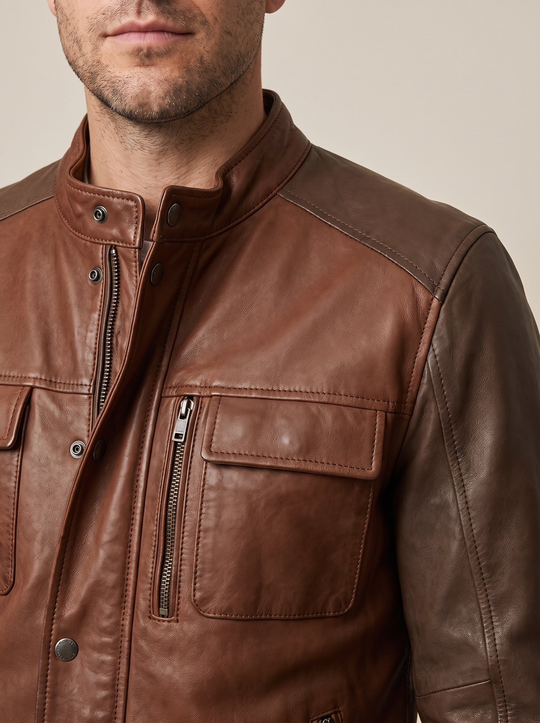 Dallas Vintage Color Block Moto Jacket in Brown, detail view