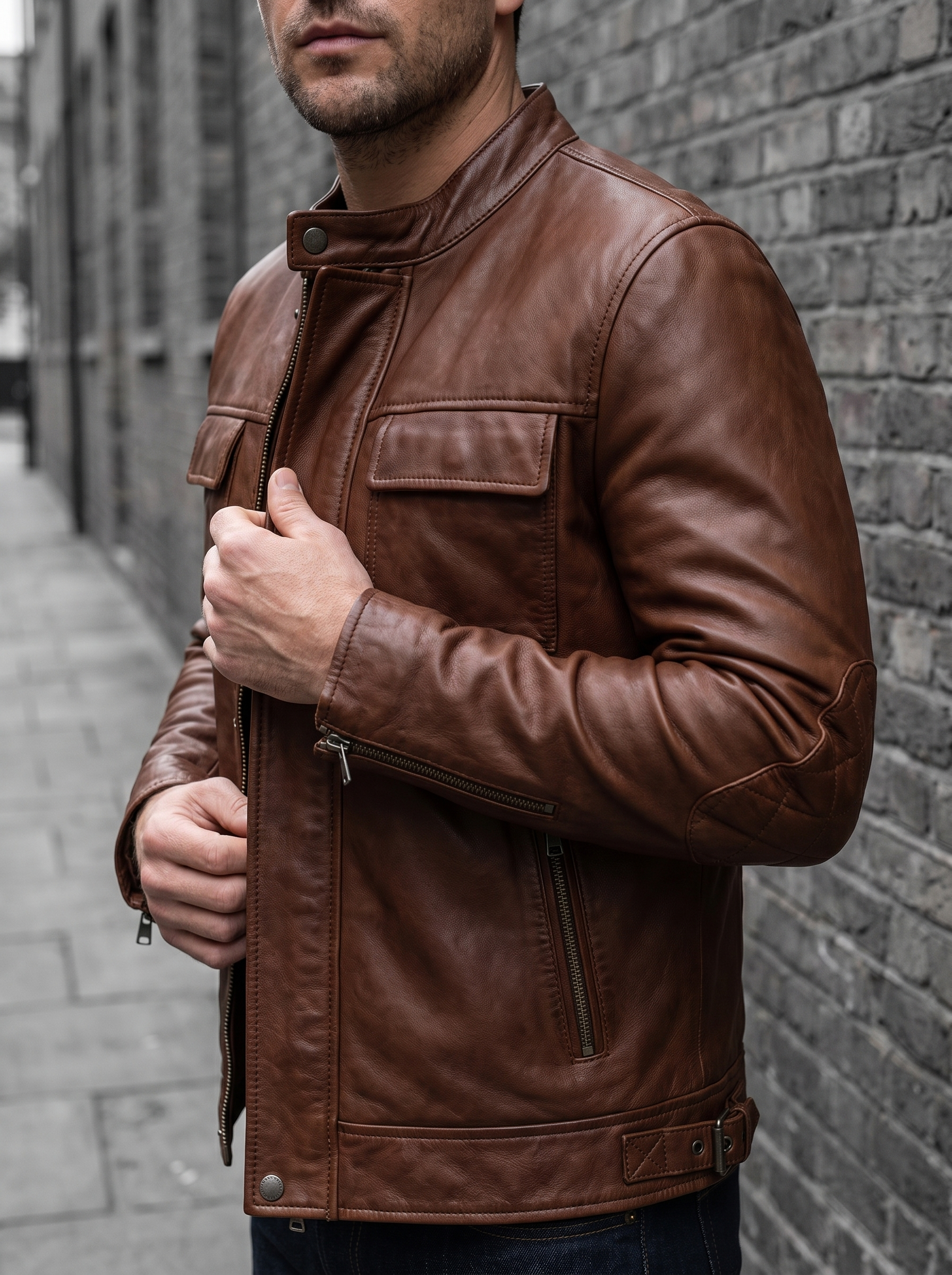 Dallas Vintage Color Block Moto Jacket in Brown, street crop view
