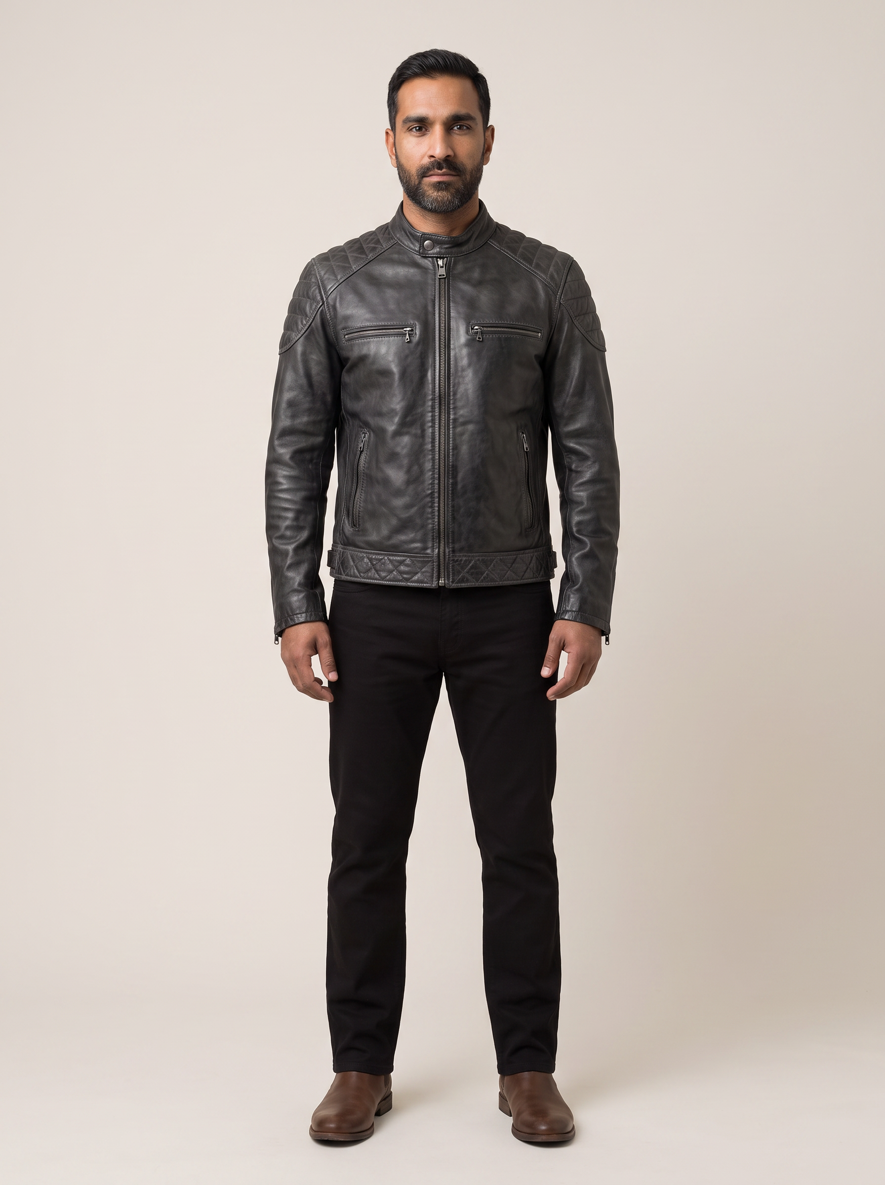 Ethan Leather Racer Jacket in Black/Grey