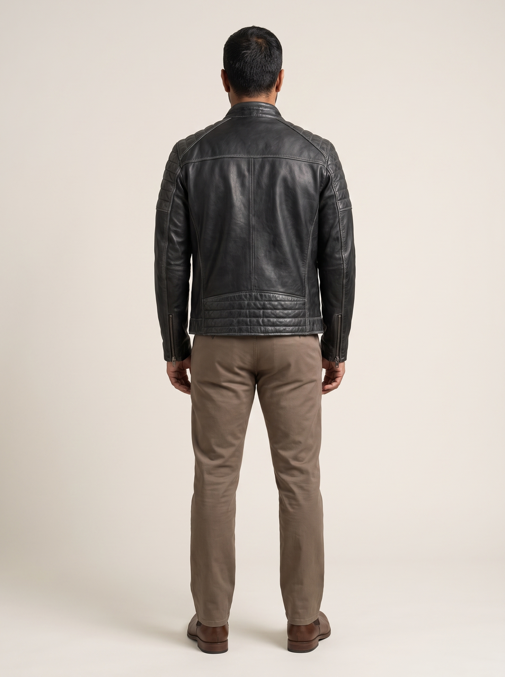 Ethan Leather Racer Jacket in Black/Grey, back view