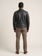 Ethan Leather Racer Jacket in Black/Grey, back view