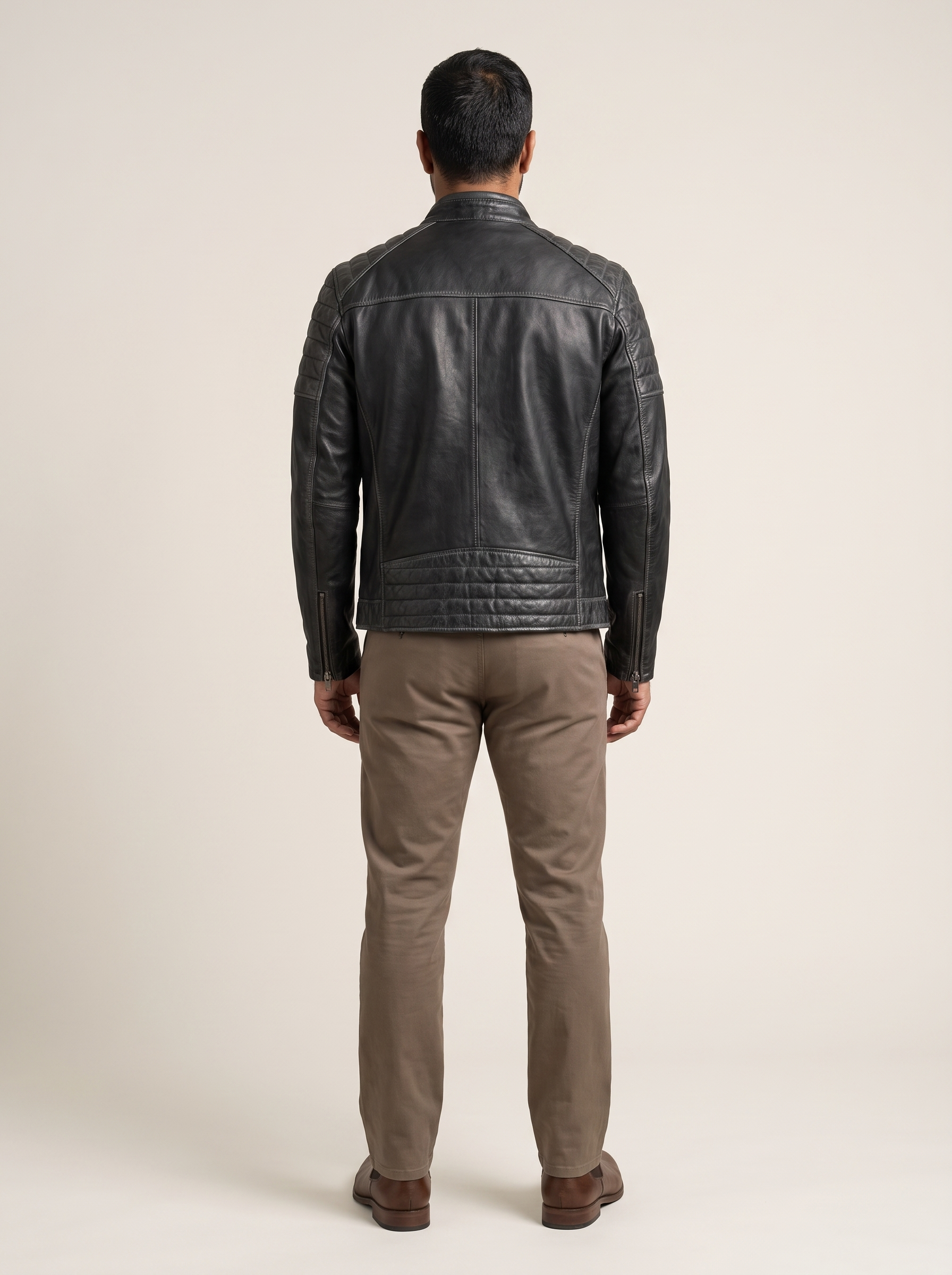 Ethan Leather Racer Jacket in Black/Grey, back view