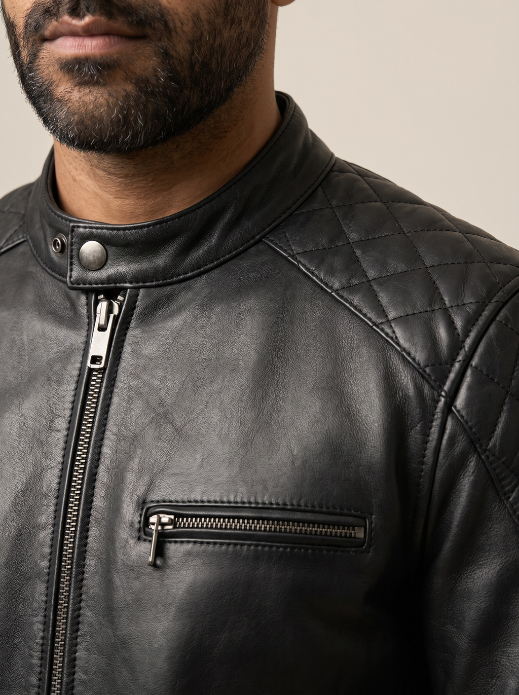Ethan Leather Racer Jacket in Black/Grey, detail view