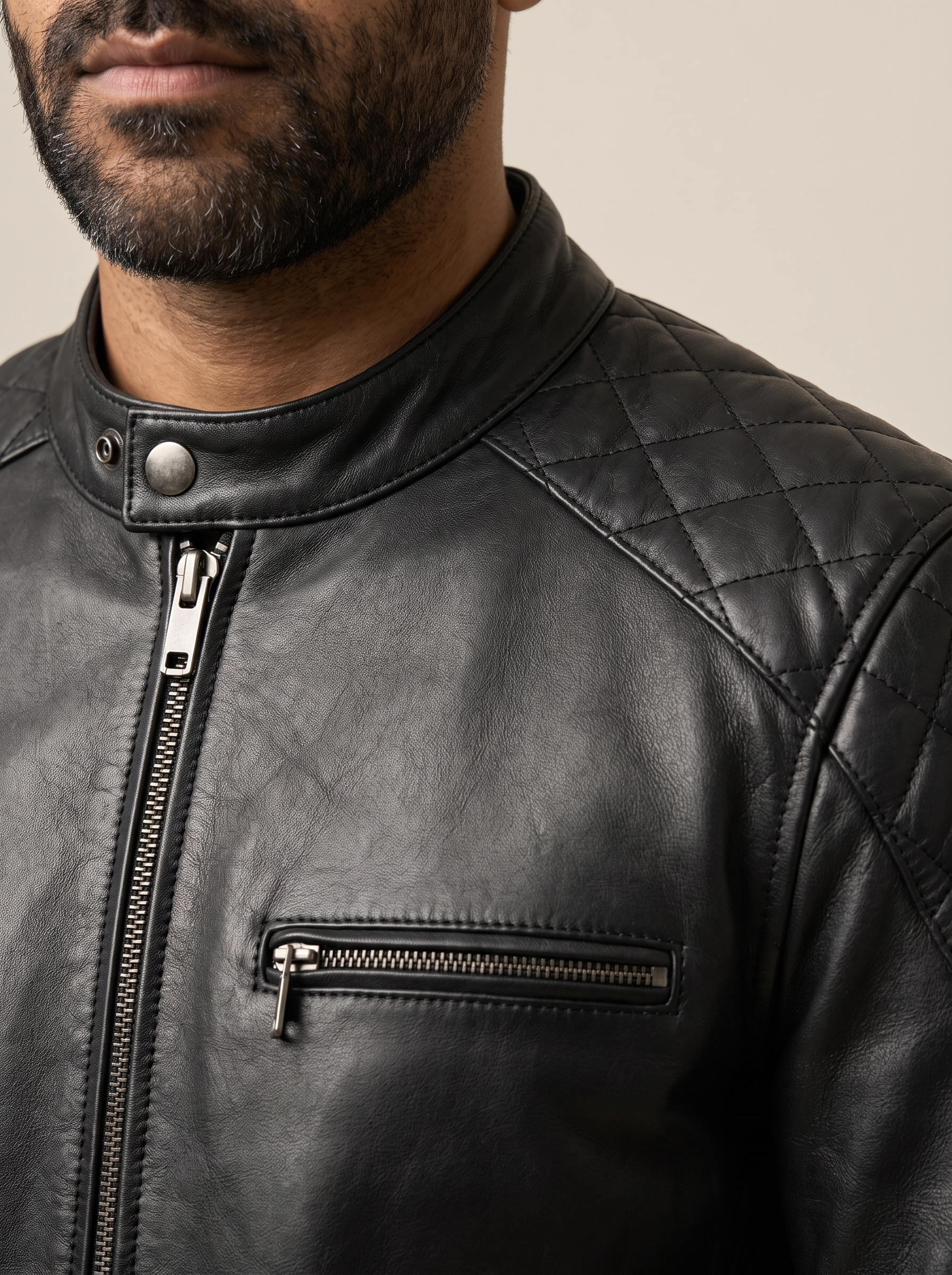 Ethan Leather Racer Jacket in Black/Grey, detail view