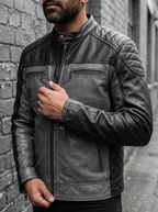Ethan Leather Racer Jacket in Black/Grey, street crop view