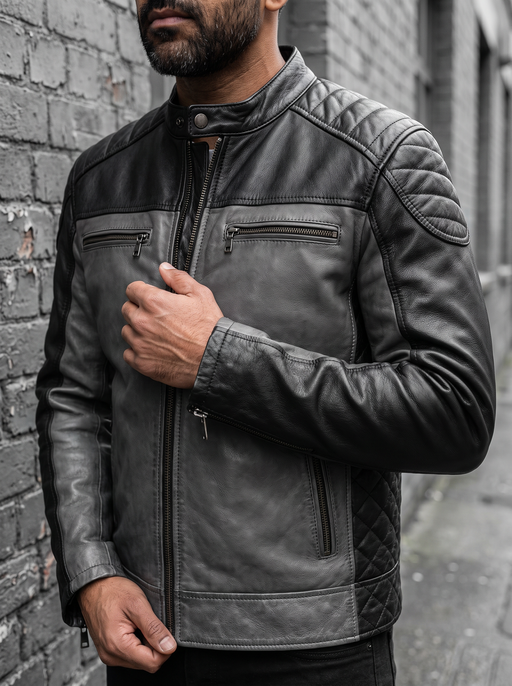 Ethan Leather Racer Jacket in Black/Grey, street crop view